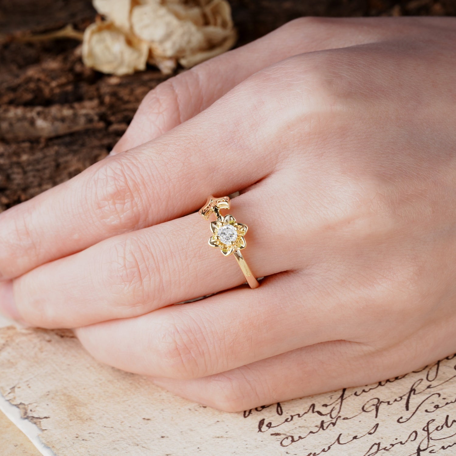 Natural-Inspired Floral Shape 4-Prong Round Cut Moissanite Engagement Ring - Additional view