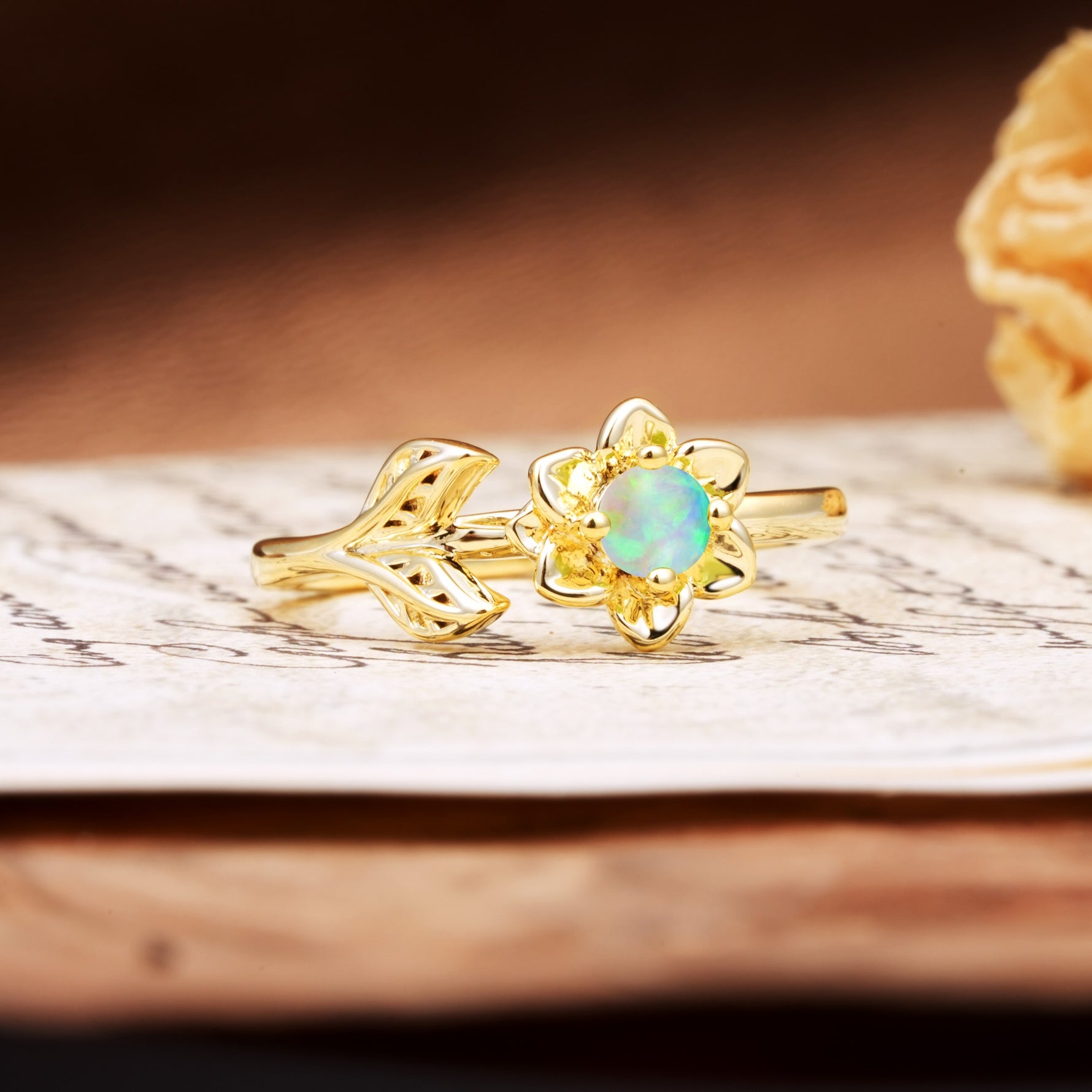 Natural-Inspired Floral Shape 4-Prong Round Cut Fire Opal Engagement Ring - Additional view