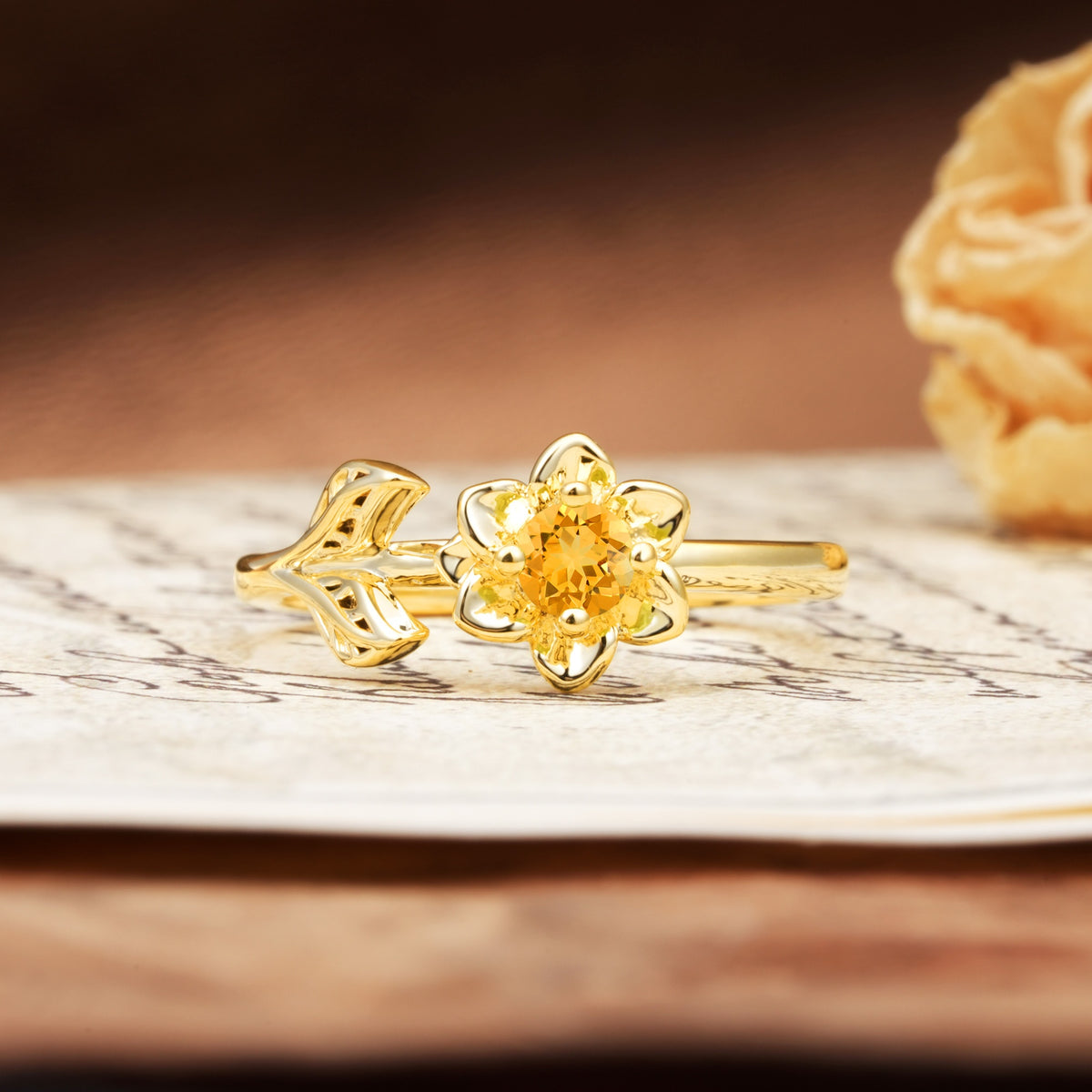 Natural-Inspired Floral Shape 4-Prong Round Cut Citrine Engagement Ring - Additional view
