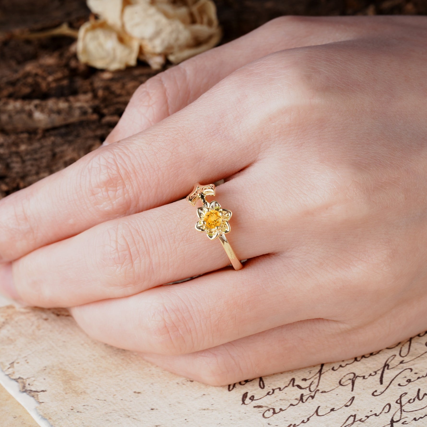 Natural-Inspired Floral Shape 4-Prong Round Cut Citrine Engagement Ring - Additional view