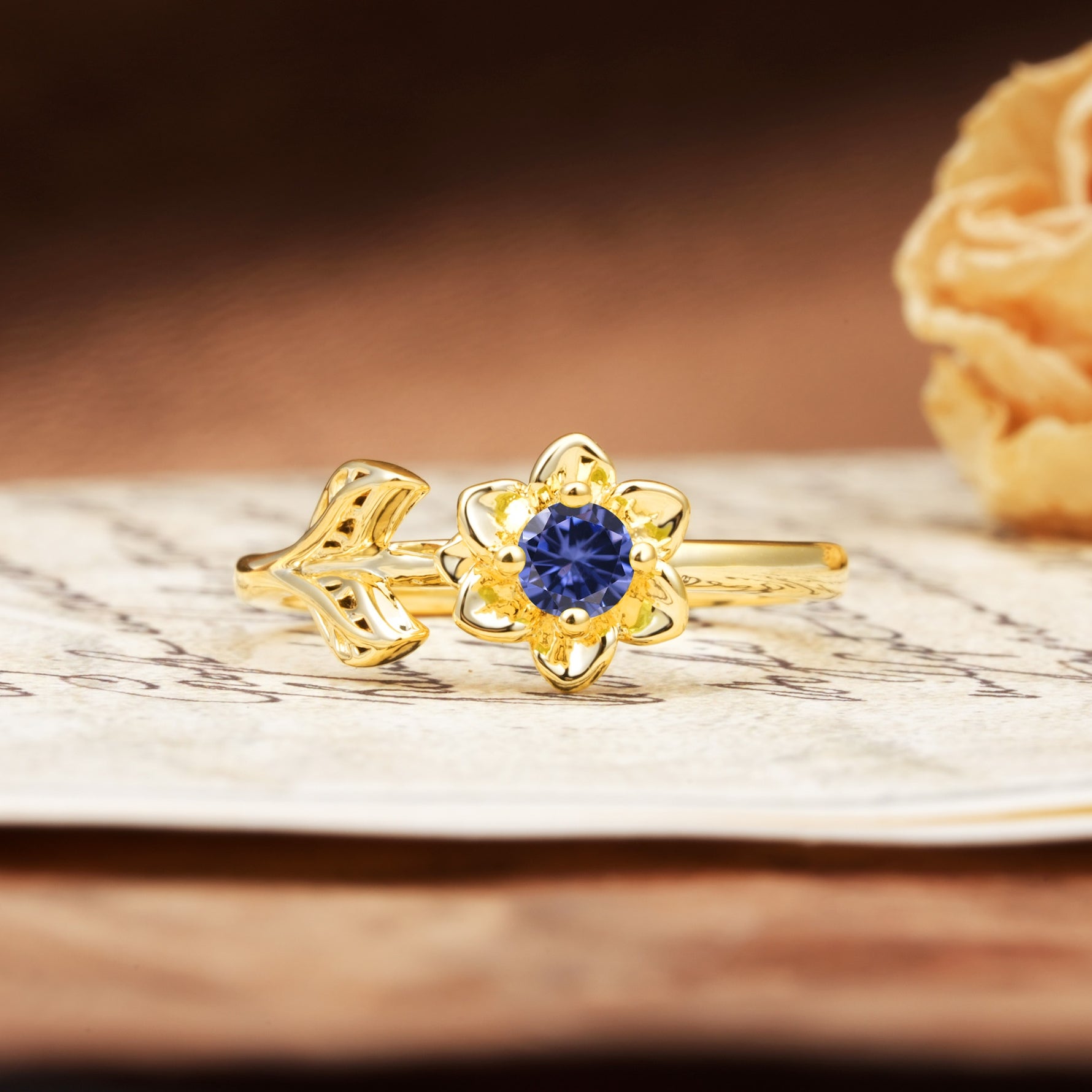 Natural-Inspired Floral Shape 4-Prong Round Cut Tanzanite Engagement Ring - Additional view