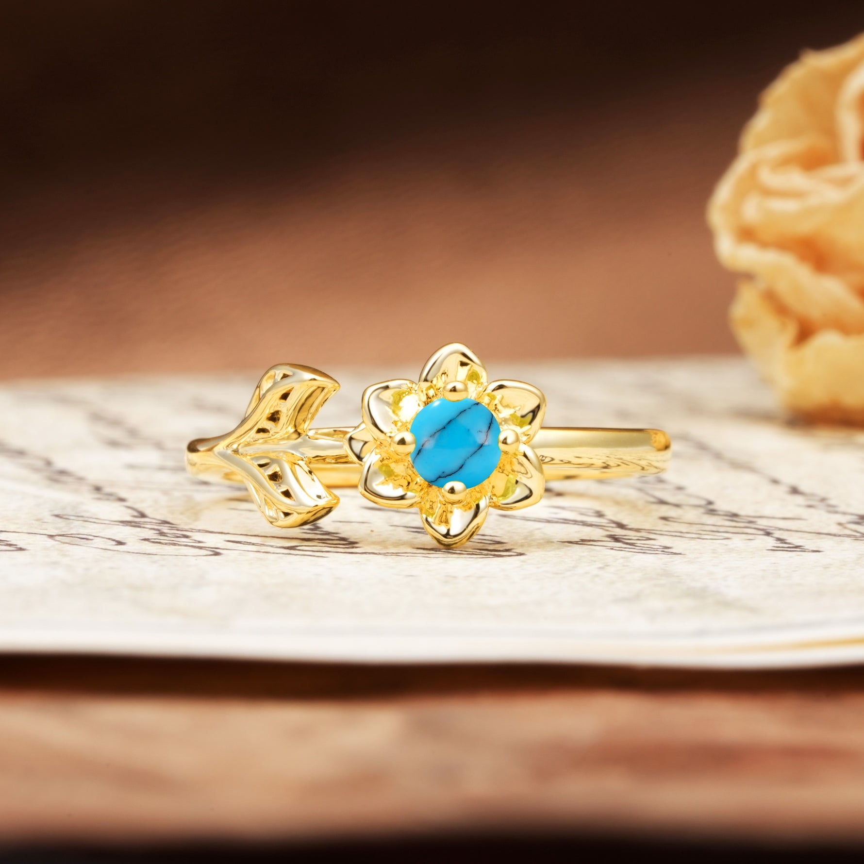Natural-Inspired Floral Shape 4-Prong Round Cut Turquoise Engagement Ring - Additional view