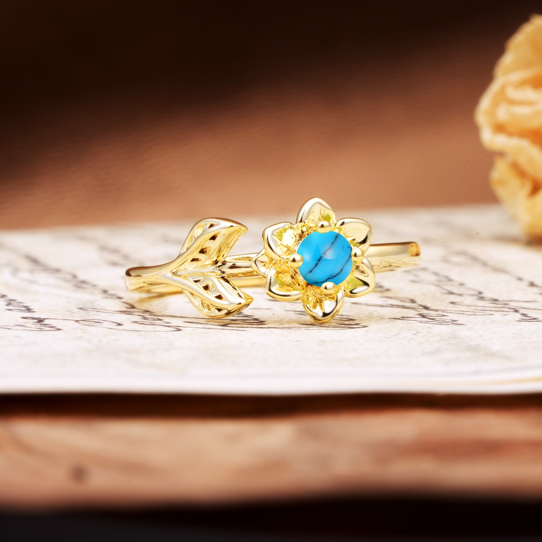 Natural-Inspired Floral Shape 4-Prong Round Cut Turquoise Engagement Ring - Additional view
