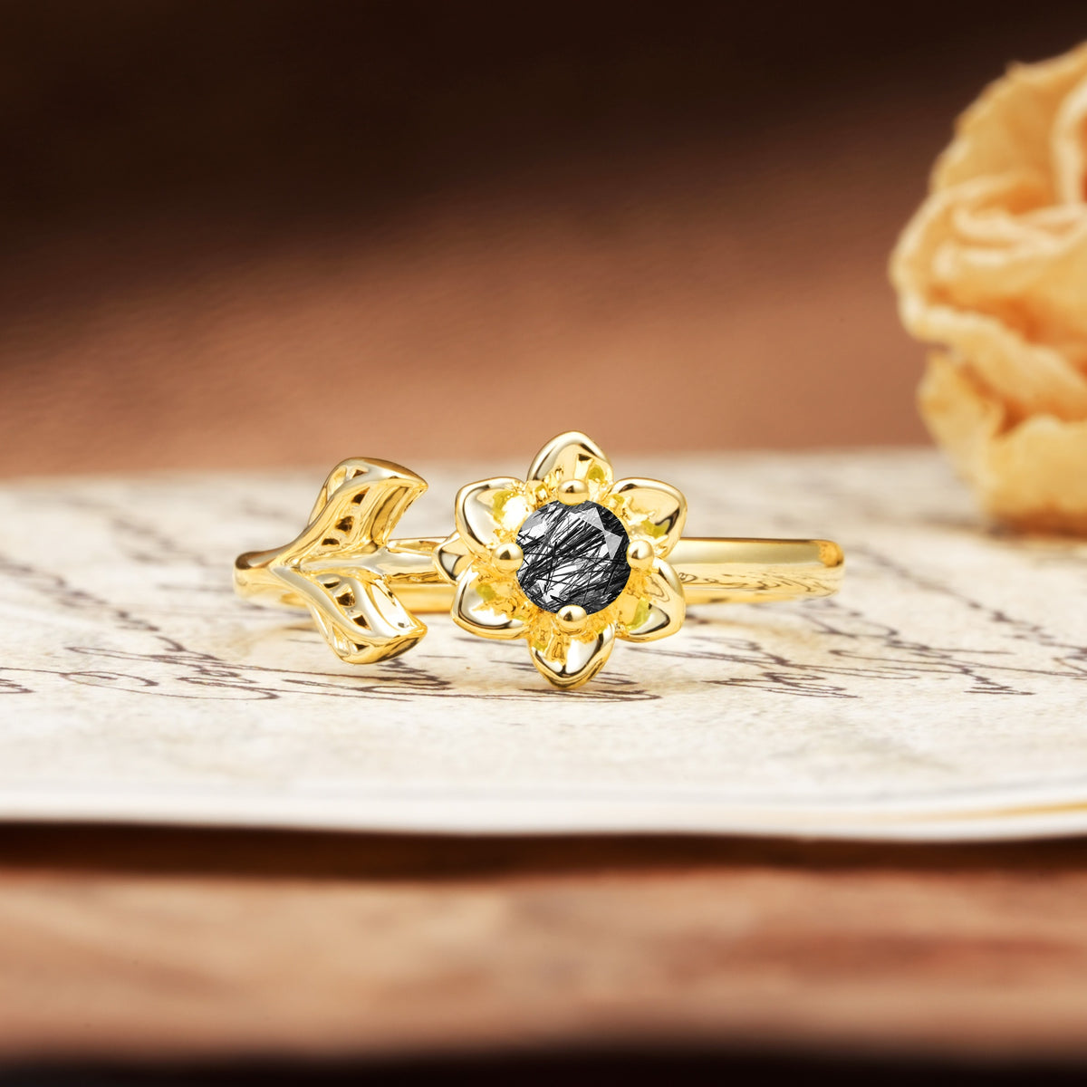 Natural-Inspired Floral Shape 4-Prong Round Cut Black Rutilated Quartz Engagement Ring - Additional view