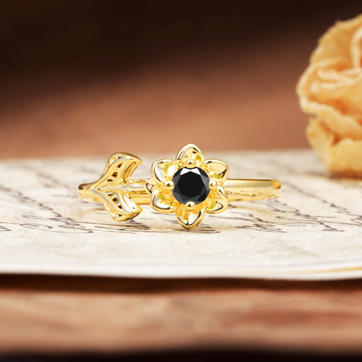 Natural-Inspired Floral Shape 4-Prong Round Cut Black Onyx Engagement Ring - Additional view