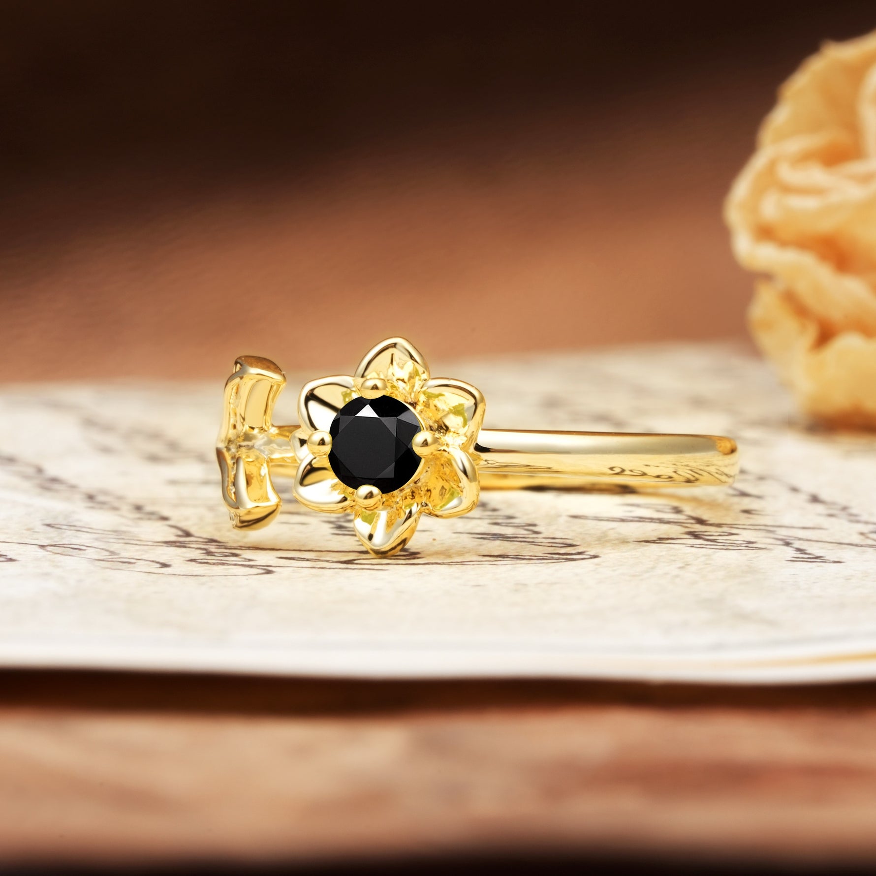 Natural-Inspired Floral Shape 4-Prong Round Cut Black Onyx Engagement Ring - Additional view