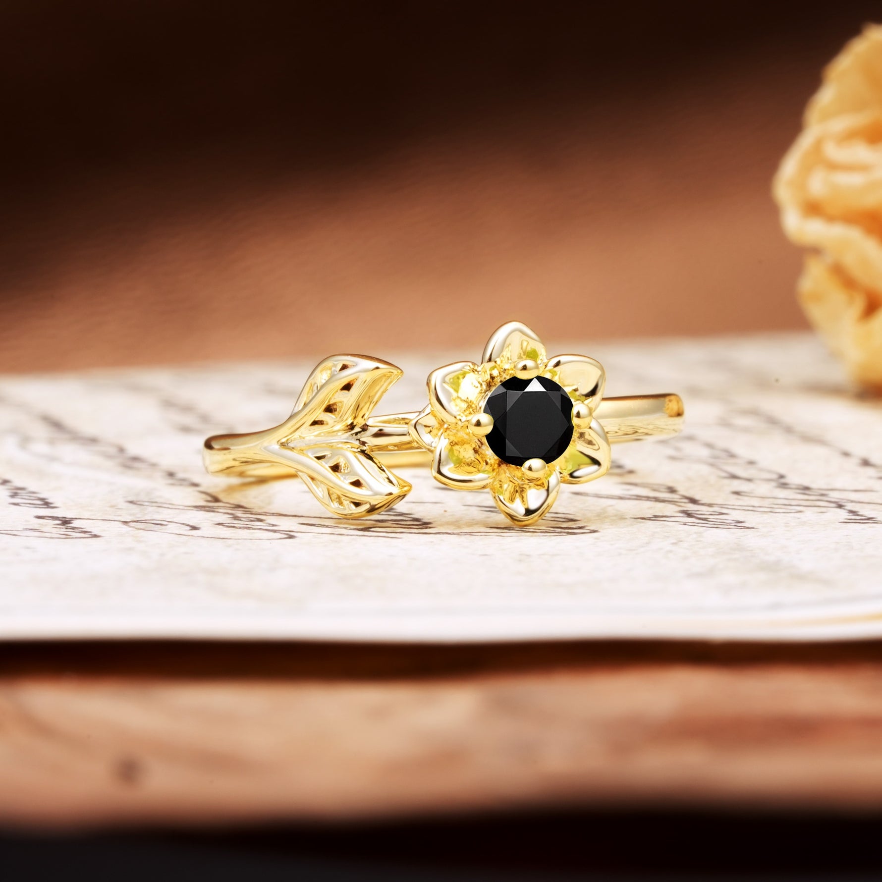 Natural-Inspired Floral Shape 4-Prong Round Cut Black Onyx Engagement Ring - Additional view