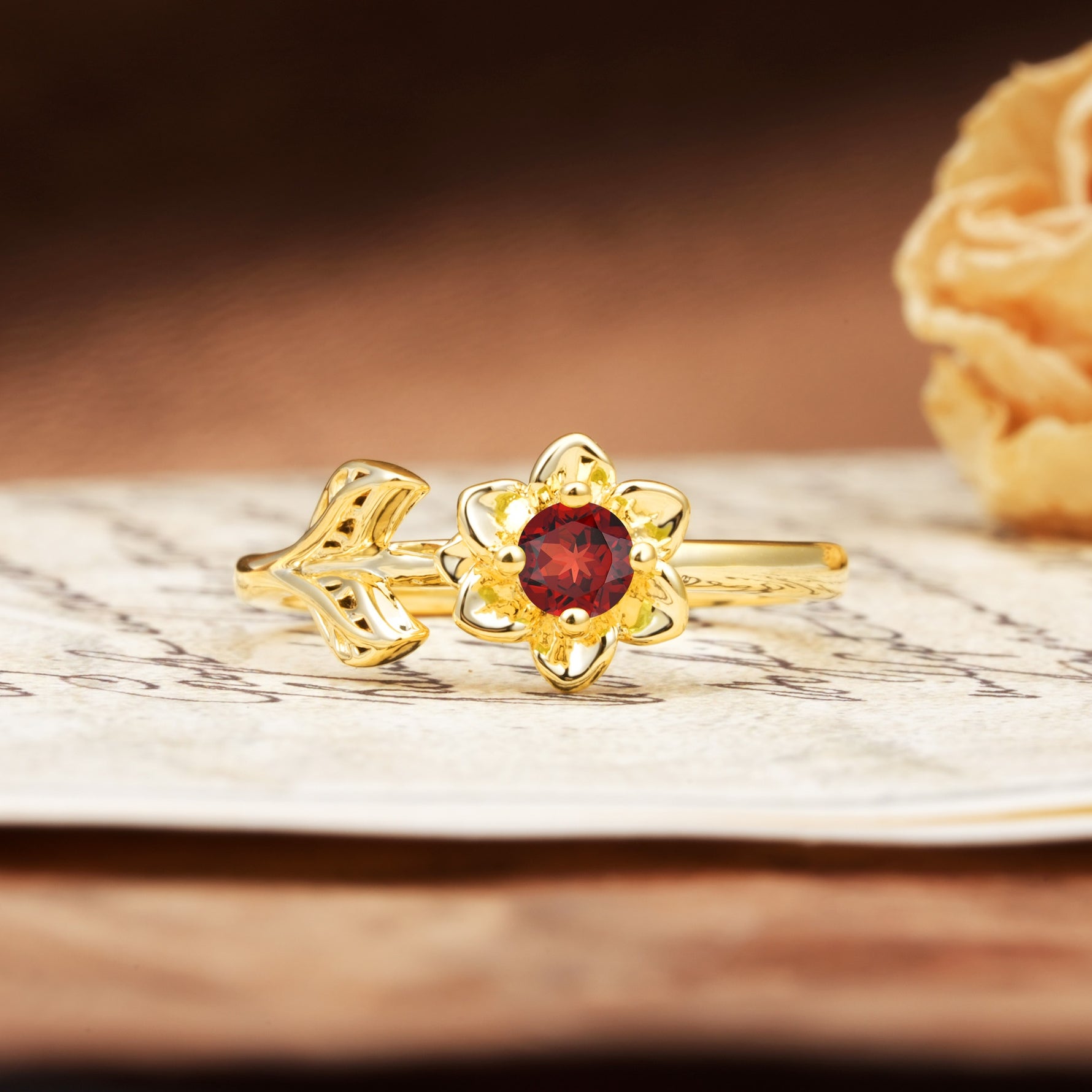 Natural-Inspired Floral Shape 4-Prong Round Cut Garnet Engagement Ring - Additional view