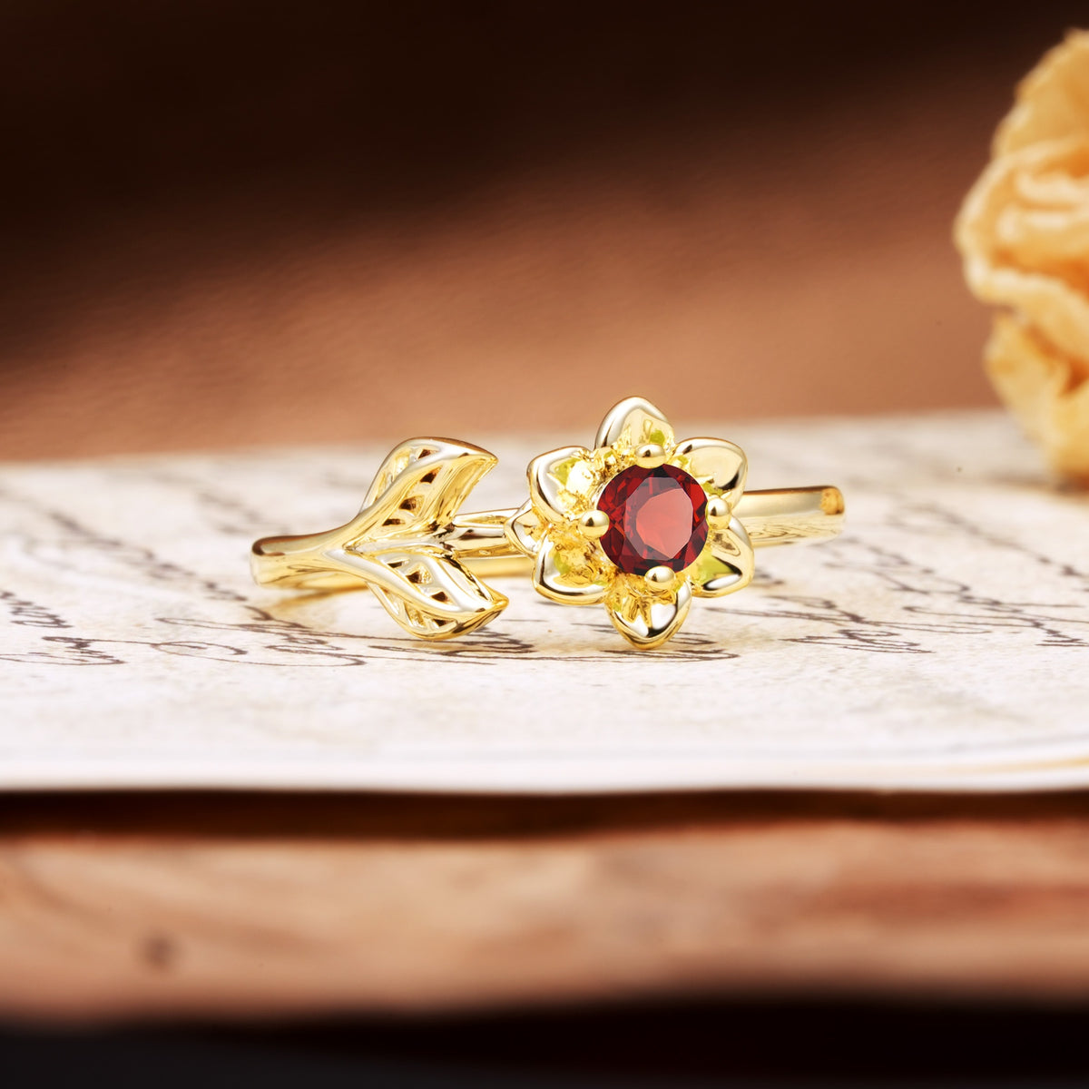 Natural-Inspired Floral Shape 4-Prong Round Cut Garnet Engagement Ring - Additional view