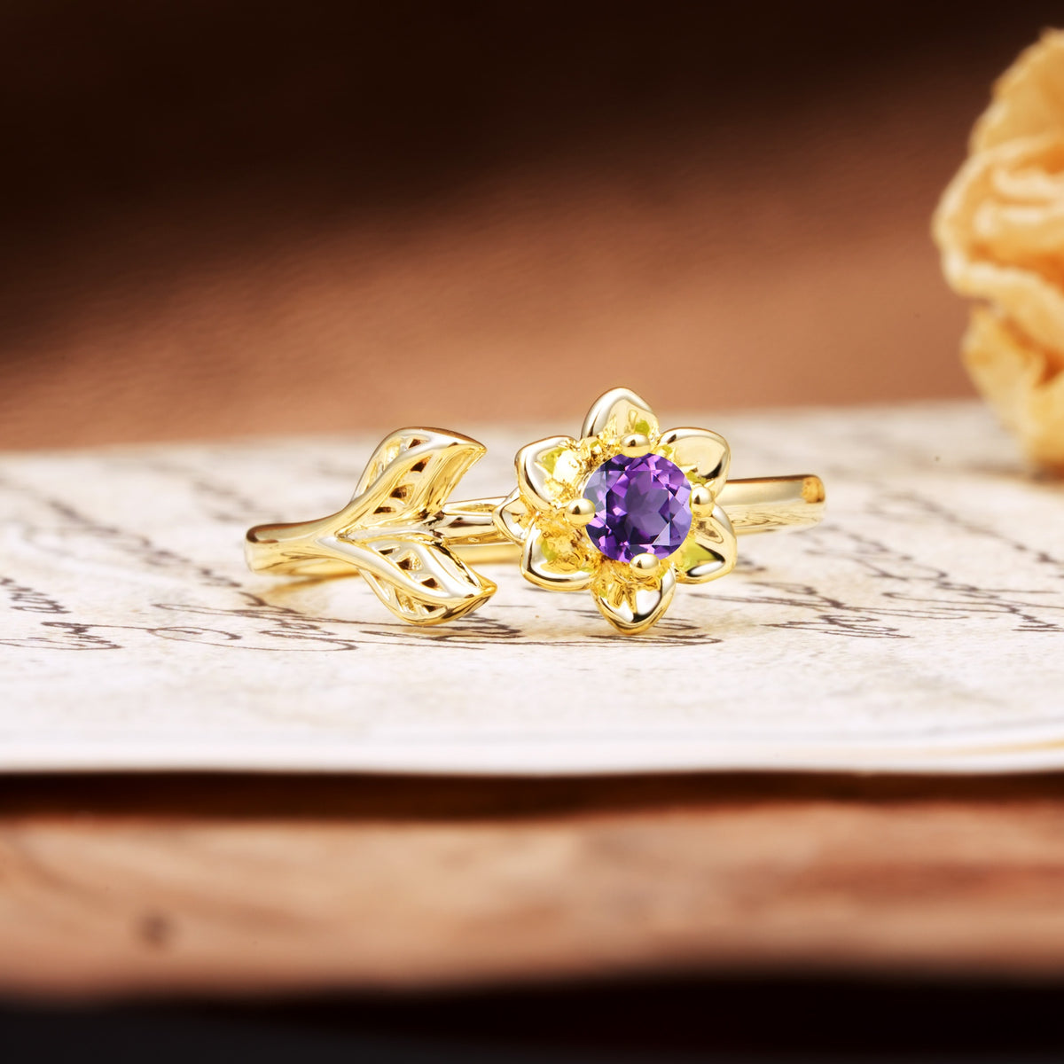 Natural-Inspired Floral Shape 4-Prong Round Cut Amethyst Engagement Ring - Additional view