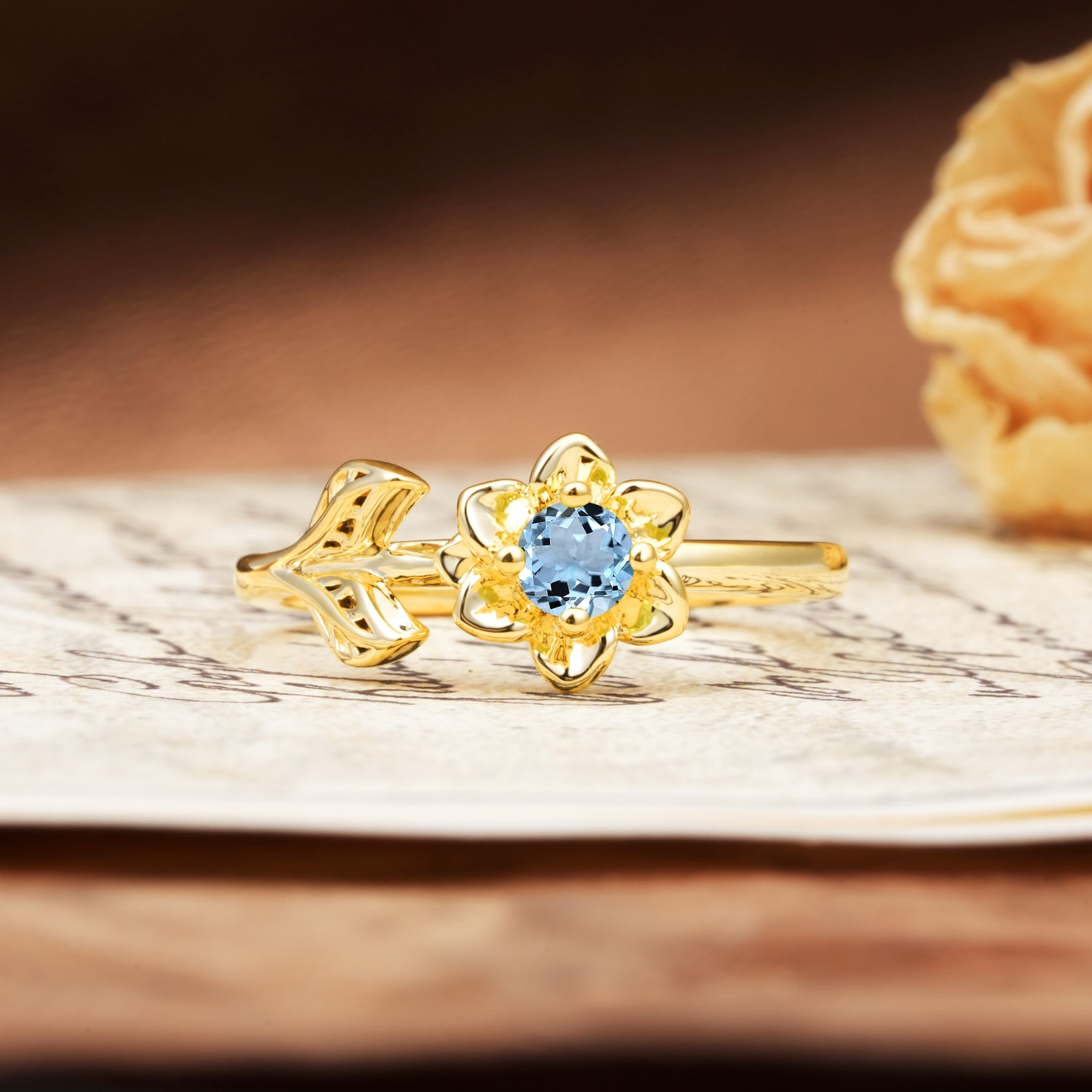 Natural-Inspired Floral Shape 4-Prong Round Cut Aquamarine Engagement Ring - Additional view