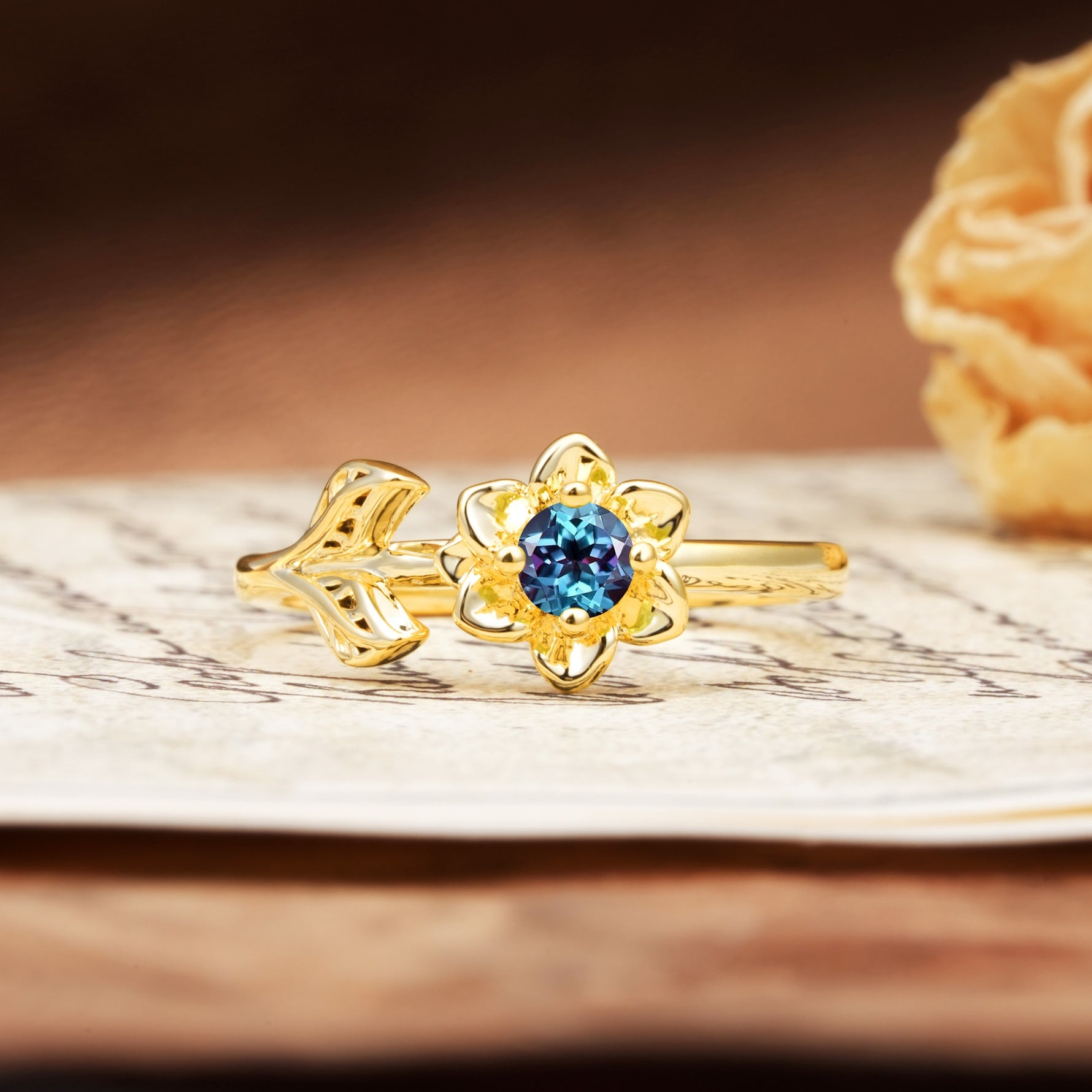 Natural-Inspired Floral Shape 4-Prong Round Cut Alexandrite Engagement Ring - Additional view