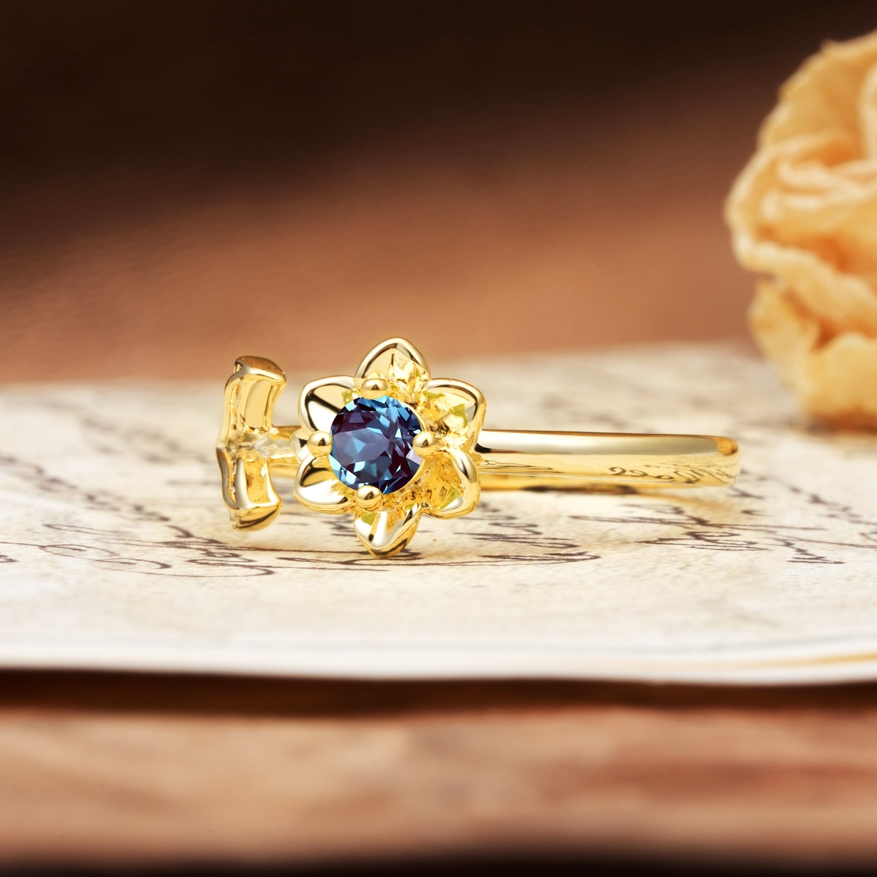 Natural-Inspired Floral Shape 4-Prong Round Cut Alexandrite Engagement Ring - Additional view