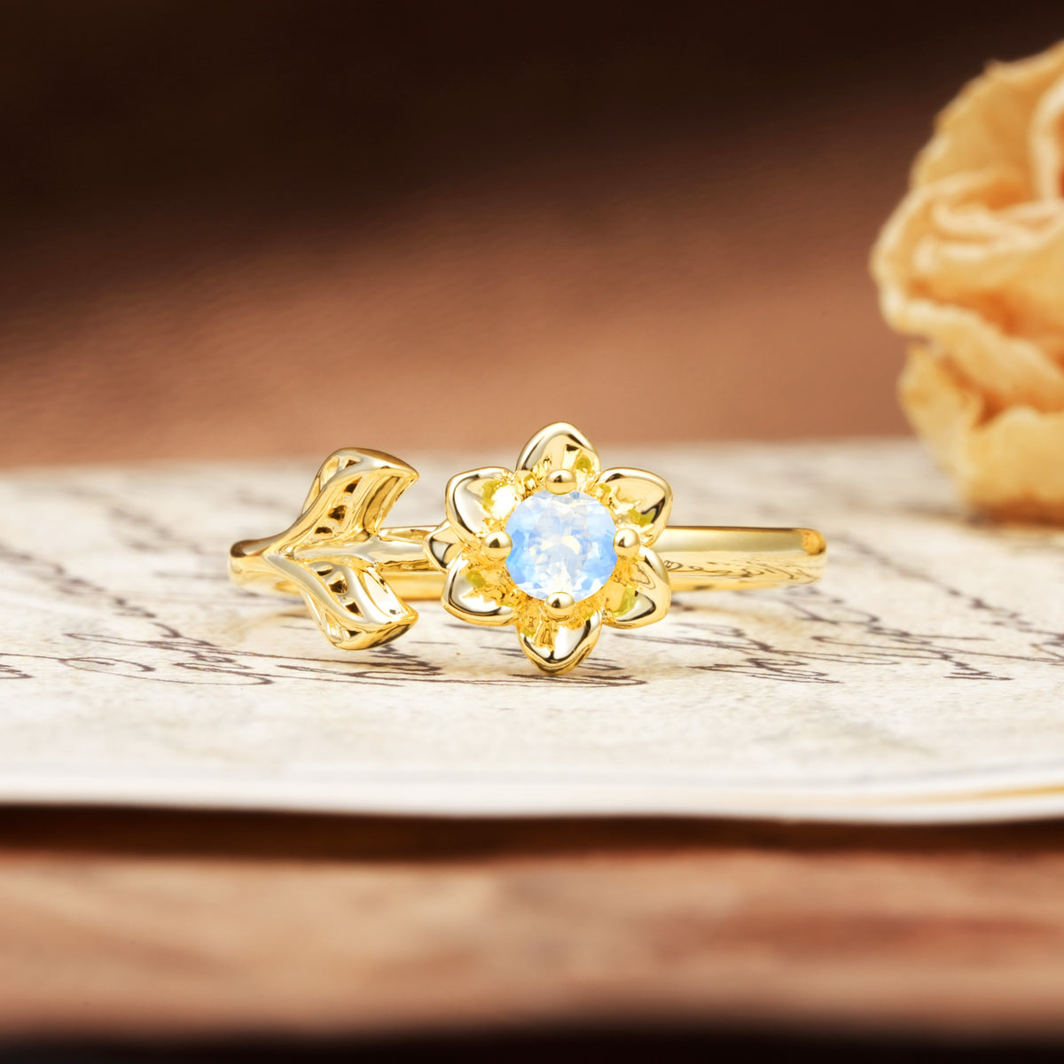 Natural-Inspired Floral Shape 4-Prong Round Cut Moonstone Engagement Ring - Additional view