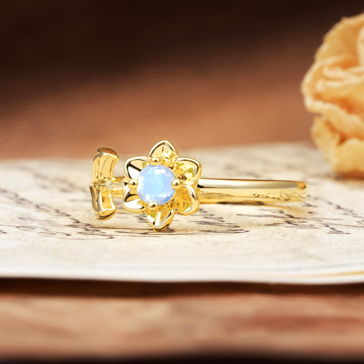 Natural-Inspired Floral Shape 4-Prong Round Cut Moonstone Engagement Ring - Additional view