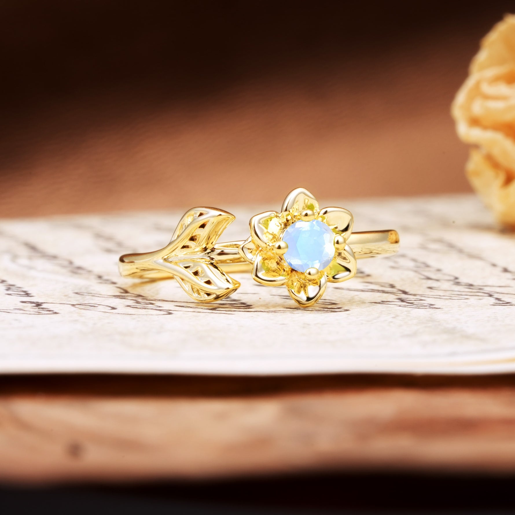 Natural-Inspired Floral Shape 4-Prong Round Cut Moonstone Engagement Ring - Additional view