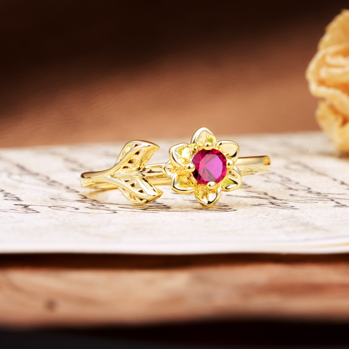 Natural-Inspired Floral Shape 4-Prong Round Cut Ruby Engagement Ring - Additional view