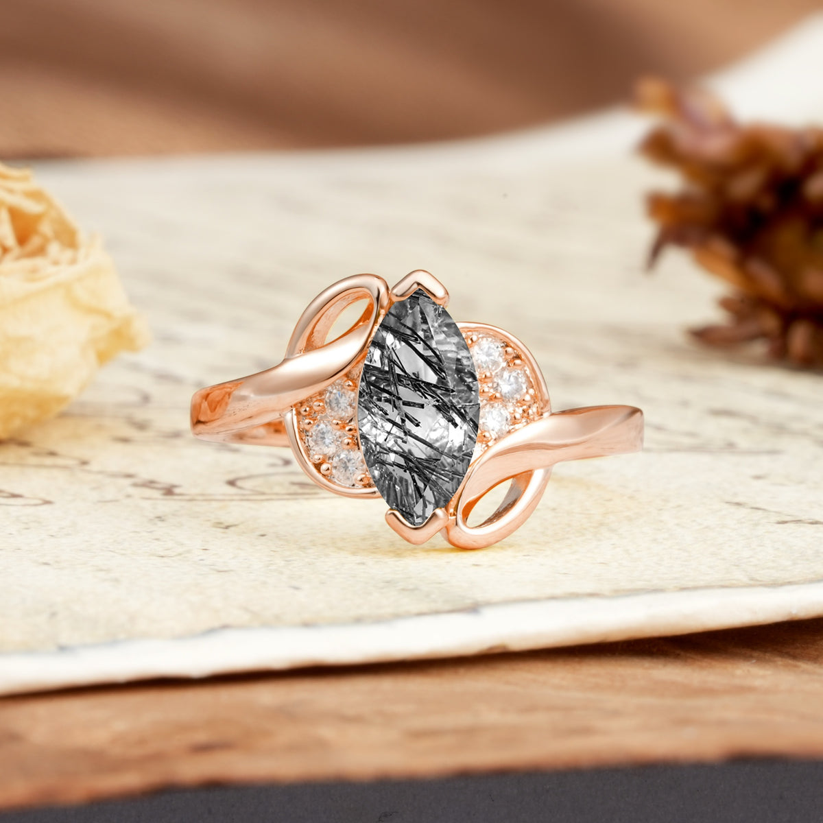 Natural Inspiration 2-Prong Marquise Cut Black Rutilated Quartz Engagement Ring - Additional view