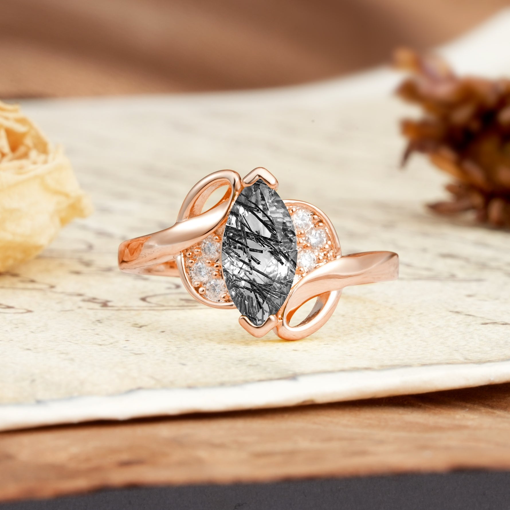 Natural Inspiration 2-Prong Marquise Cut Black Rutilated Quartz Engagement Ring - Additional view