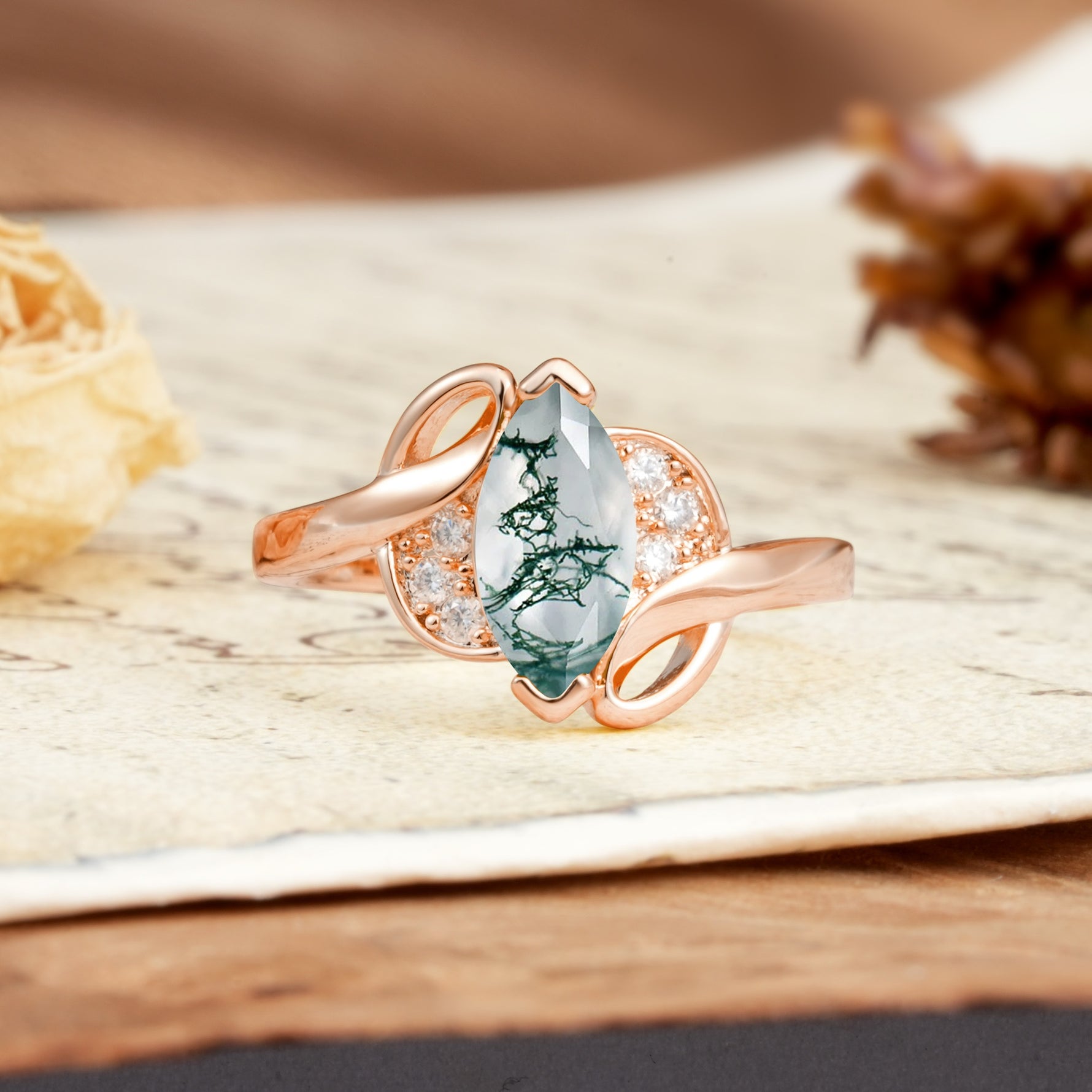 Natural Inspiration 2-Prong Marquise Cut Moss Agate Engagement Ring - Additional view