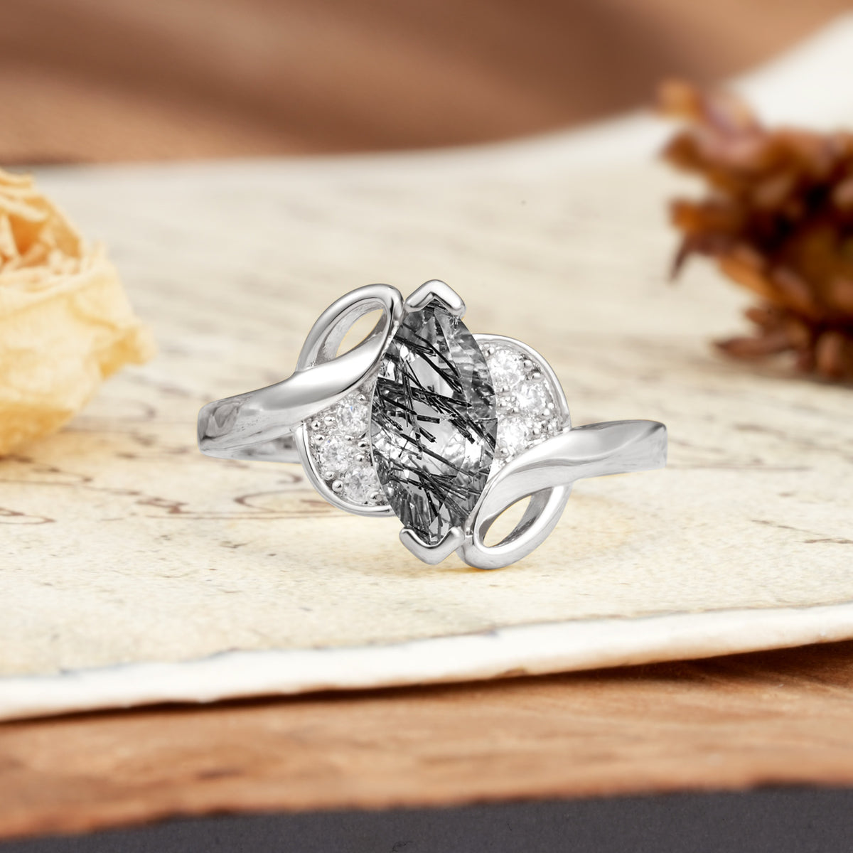 Natural Inspiration 2-Prong Marquise Cut Black Rutilated Quartz Engagement Ring - Additional view
