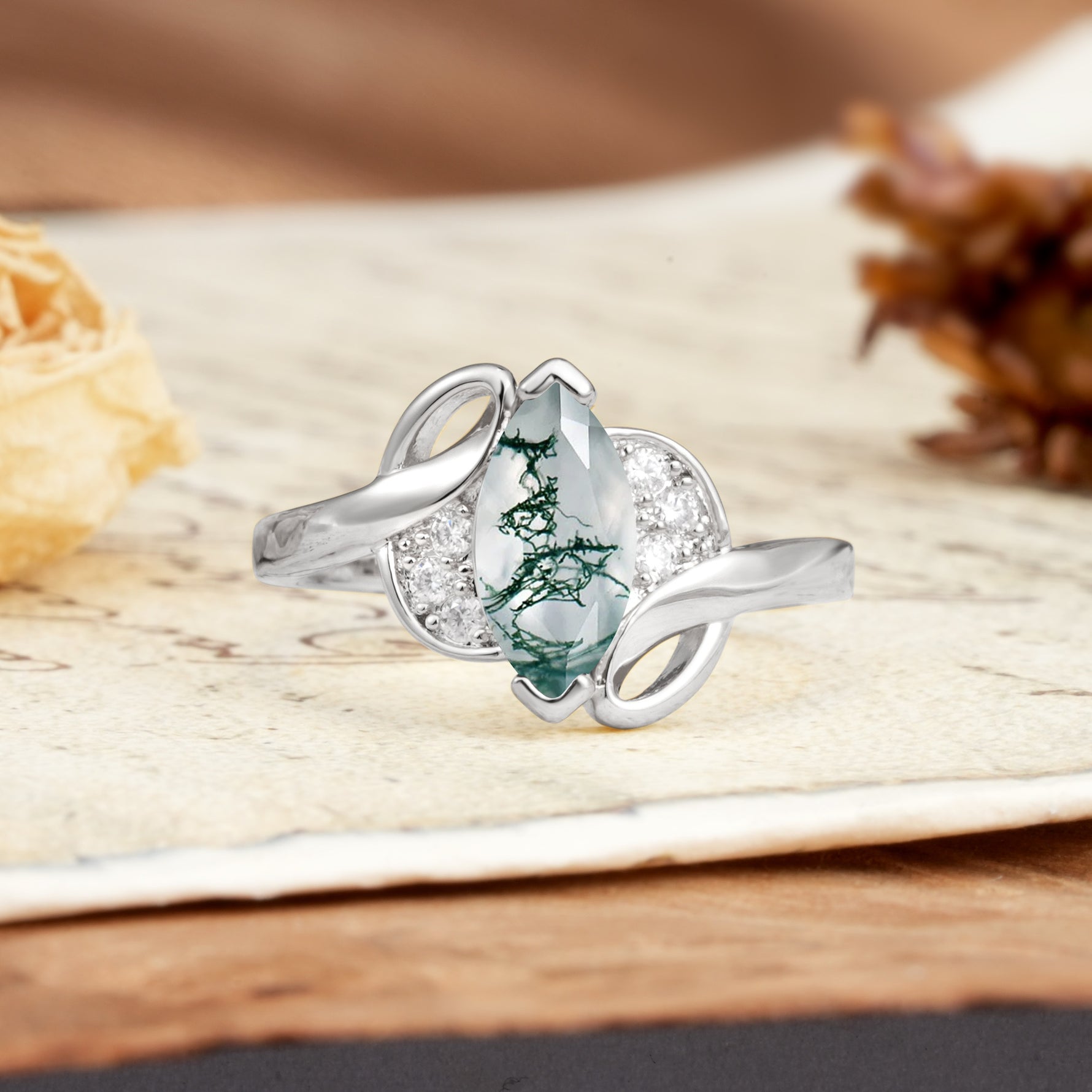 Natural Inspiration 2-Prong Marquise Cut Moss Agate Engagement Ring - Additional view