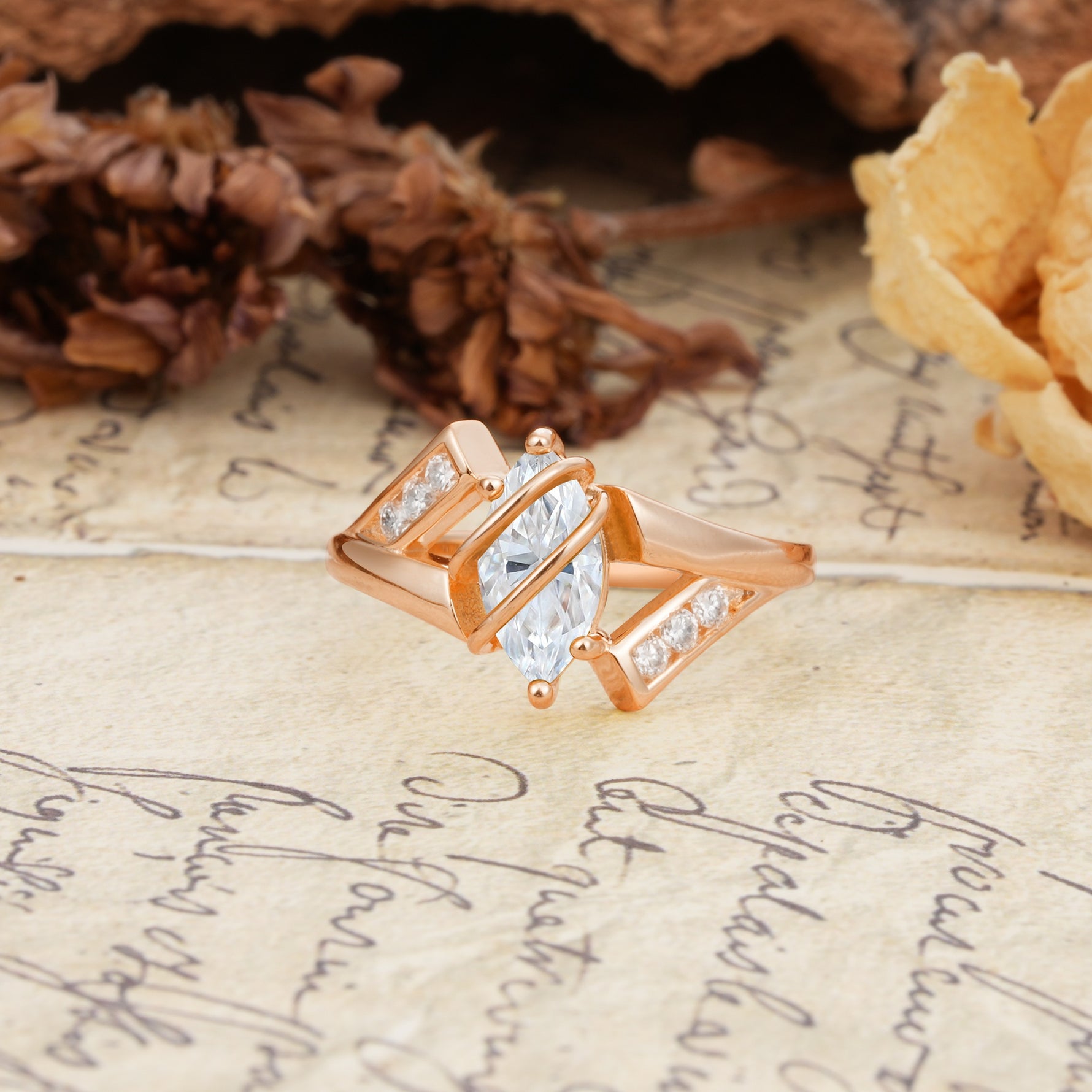 Uniquely Luxurious, Wrapped-Setting, 2-Prong Marquise Cut Moissanite Engagement Ring - Additional view