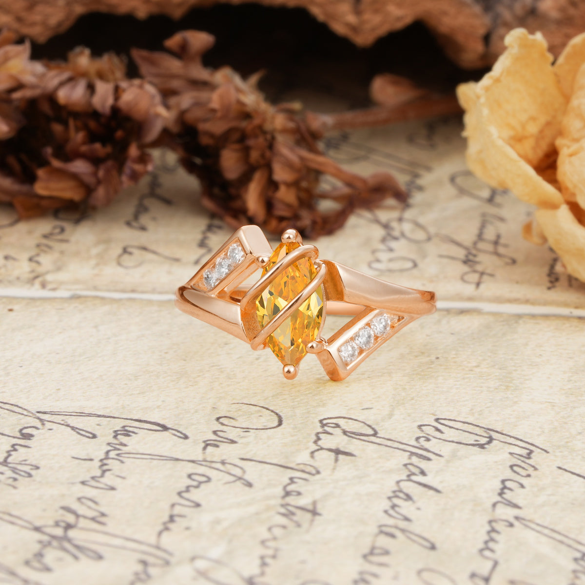 Uniquely Luxurious, Wrapped-Setting, 2-Prong Marquise Cut Citrine Engagement Ring - Additional view