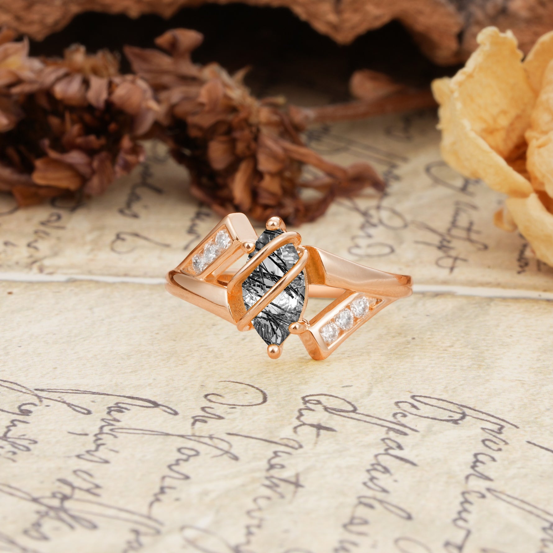 Uniquely Luxurious, Wrapped-Setting, 2-Prong Marquise Cut Black Rutilated Quartz Engagement Ring - Additional view