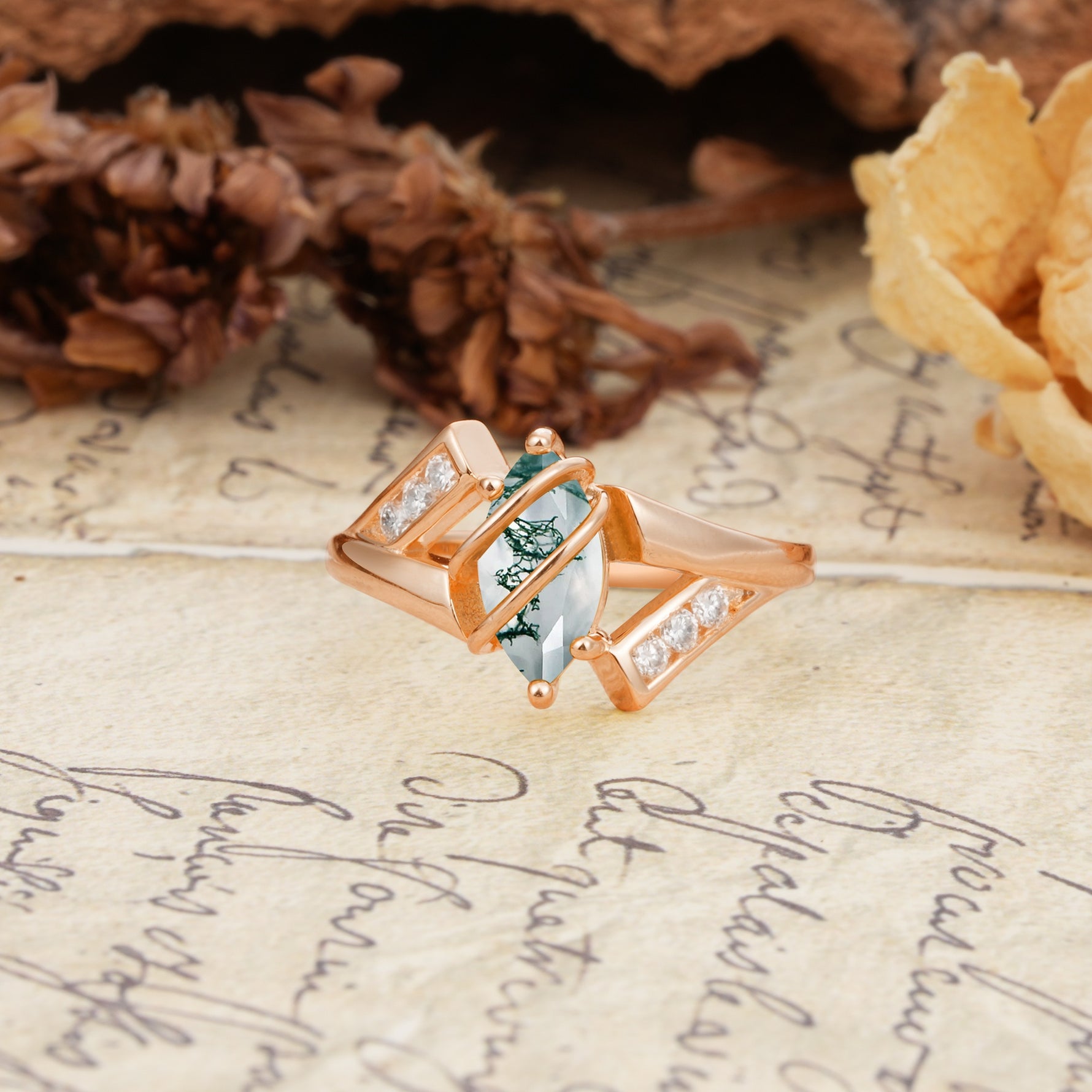 Uniquely Luxurious, Wrapped-Setting, 2-Prong Marquise Cut Moss Agate Engagement Ring - Additional view