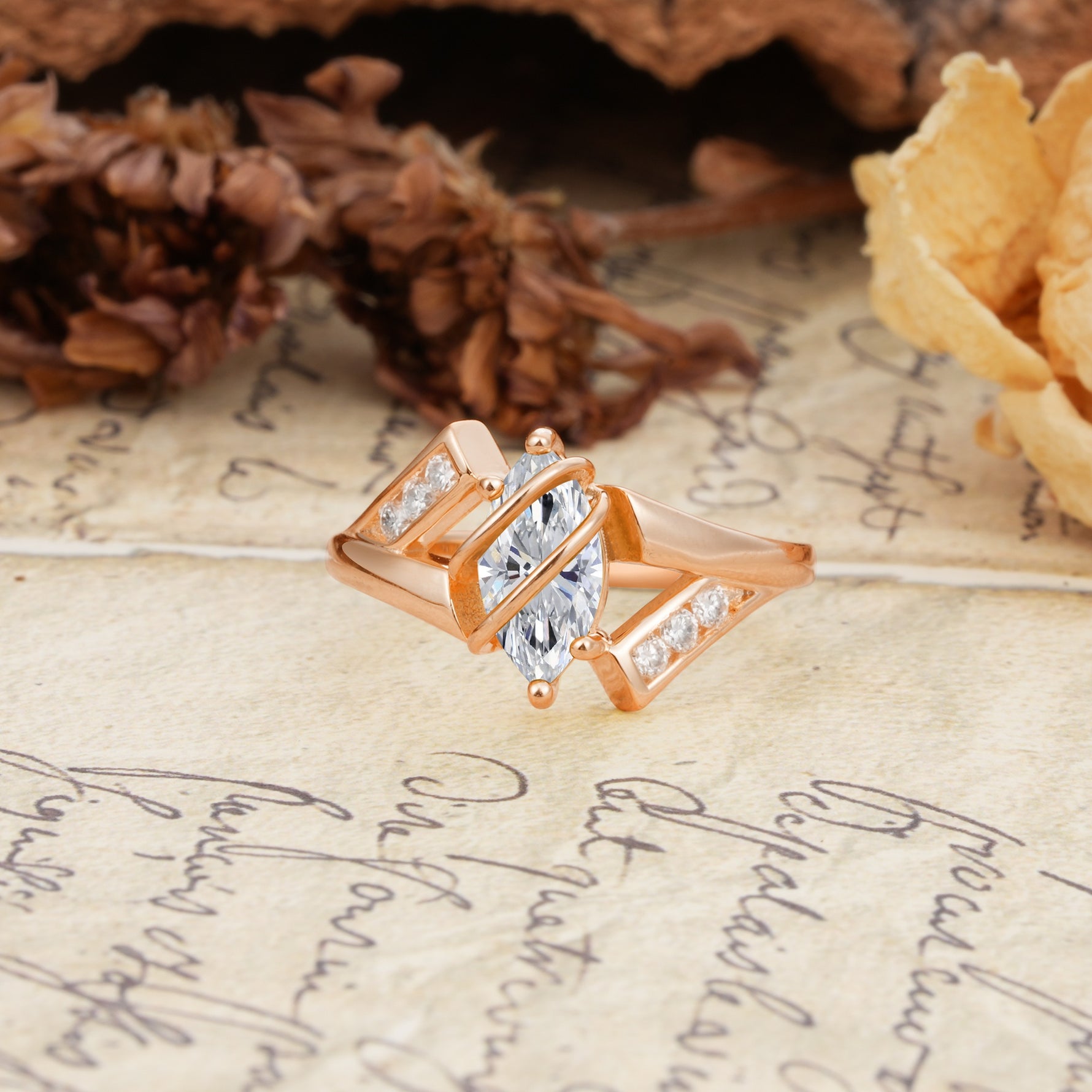 Uniquely Luxurious, Wrapped-Setting, 2-Prong Marquise Cut Lab Diamond Engagement Ring - Additional view