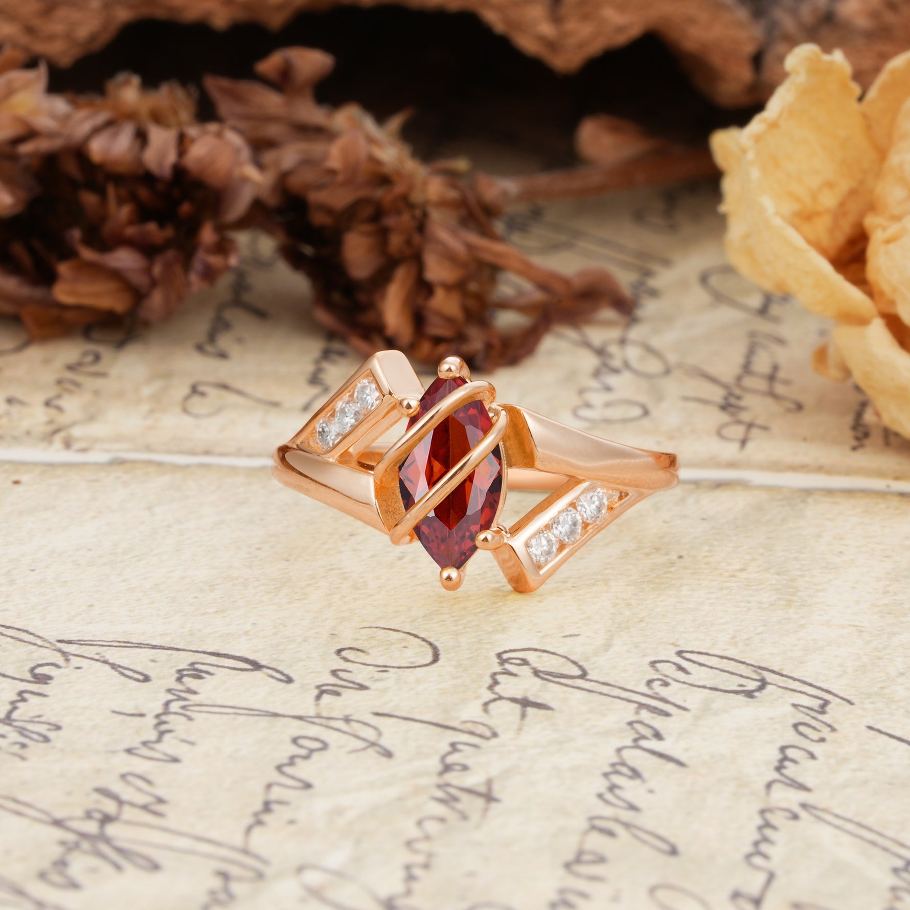 Uniquely Luxurious, Wrapped-Setting, 2-Prong Marquise Cut Garnet Engagement Ring - Additional view