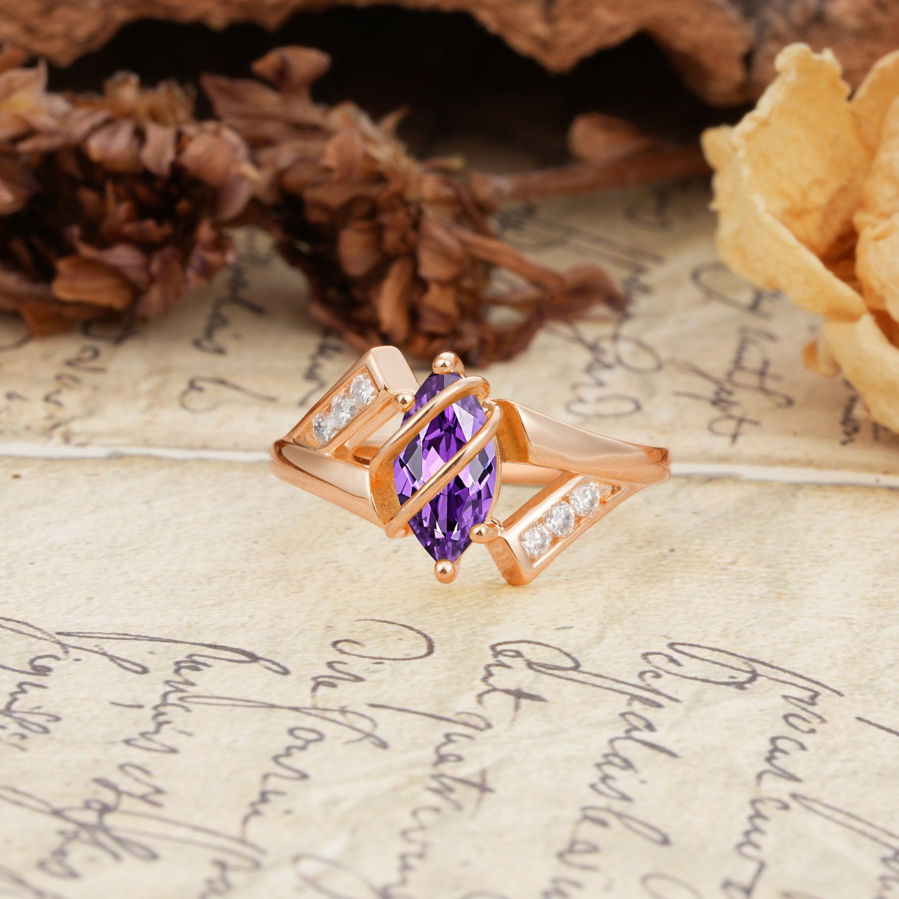 Uniquely Luxurious, Wrapped-Setting, 2-Prong Marquise Cut Amethyst Engagement Ring - Additional view
