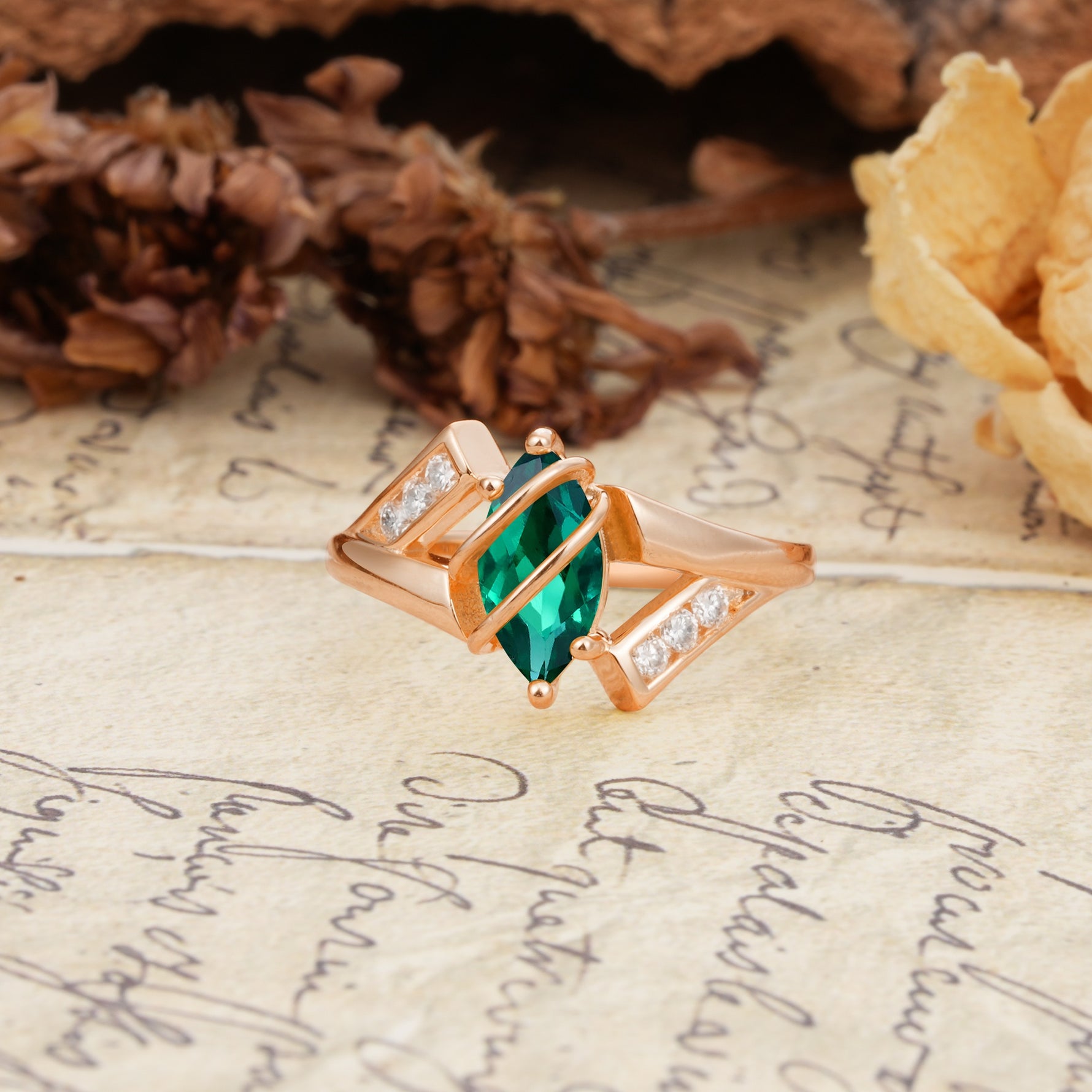Uniquely Luxurious, Wrapped-Setting, 2-Prong Marquise Cut Emerald Engagement Ring - Additional view