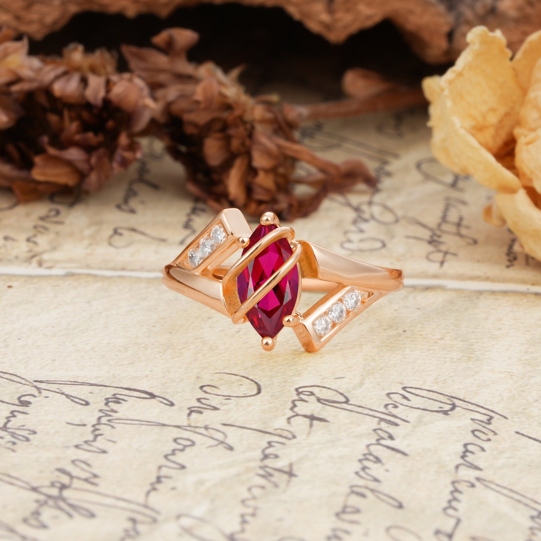Uniquely Luxurious, Wrapped-Setting, 2-Prong Marquise Cut Ruby Engagement Ring - Additional view