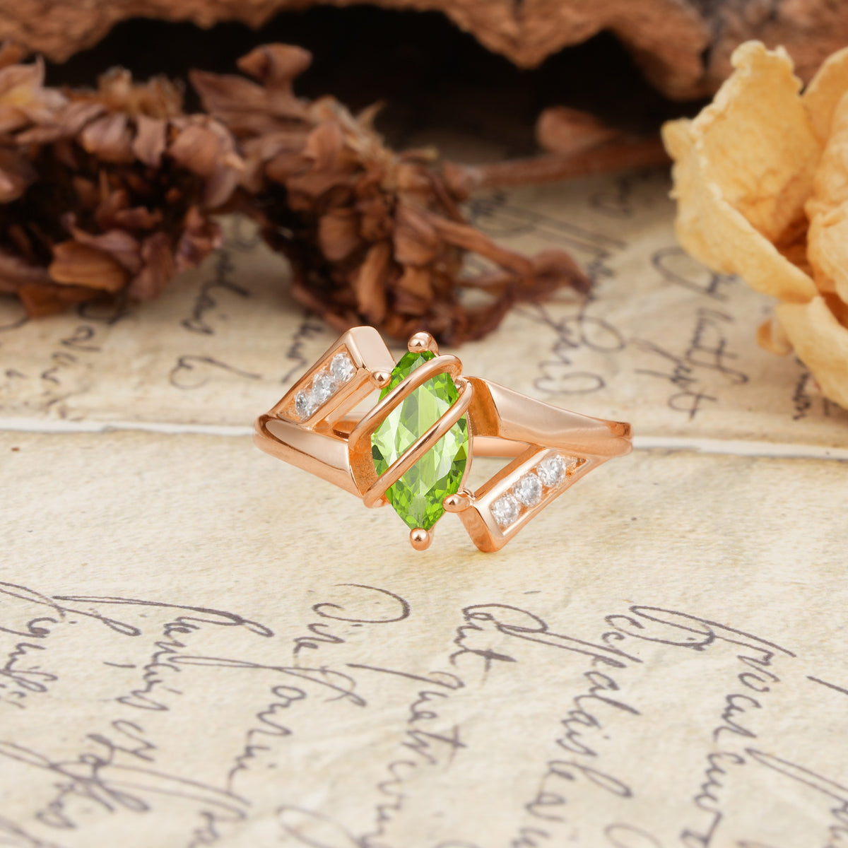 Uniquely Luxurious, Wrapped-Setting, 2-Prong Marquise Cut Peridot Engagement Ring - Additional view