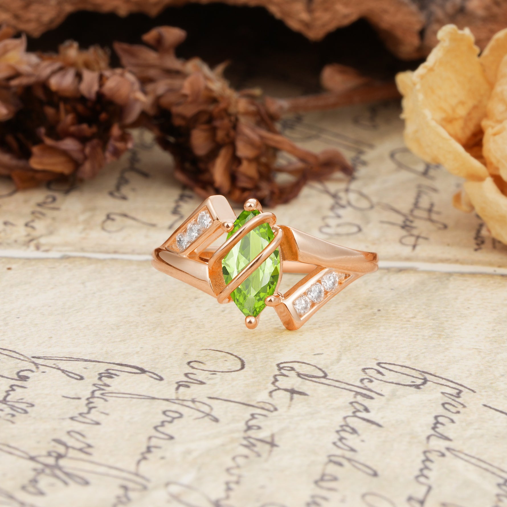 Uniquely Luxurious, Wrapped-Setting, 2-Prong Marquise Cut Peridot Engagement Ring - Additional view