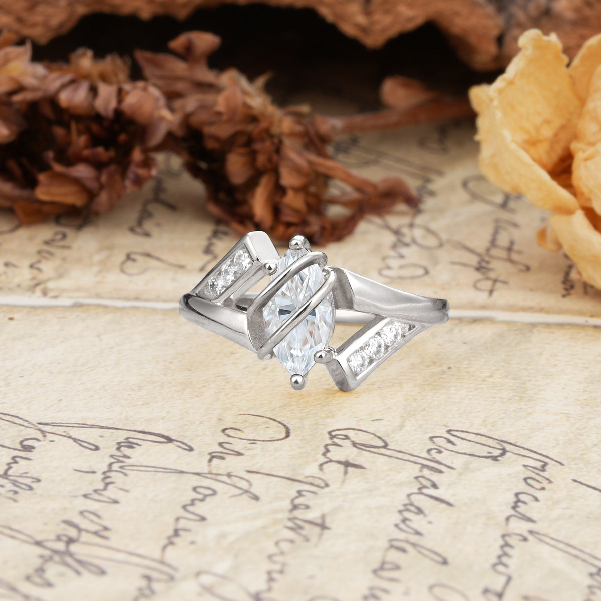 Uniquely Luxurious, Wrapped-Setting, 2-Prong Marquise Cut Moissanite Engagement Ring - Additional view