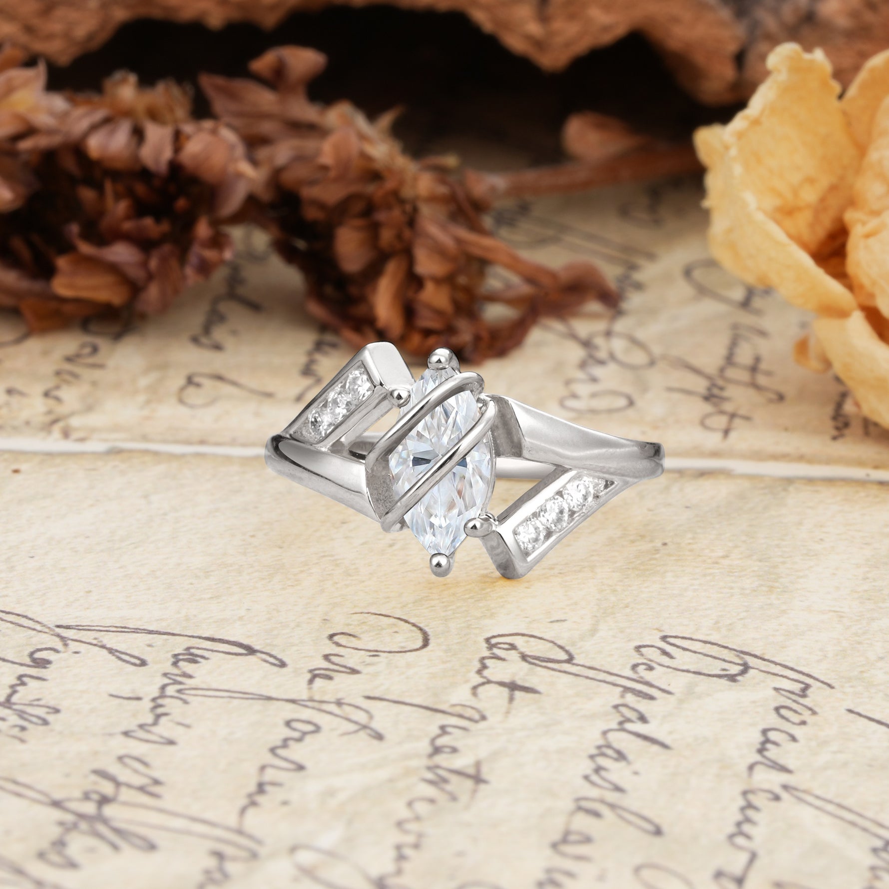 Uniquely Luxurious, Wrapped-Setting, 2-Prong Marquise Cut Moissanite Engagement Ring - Additional view