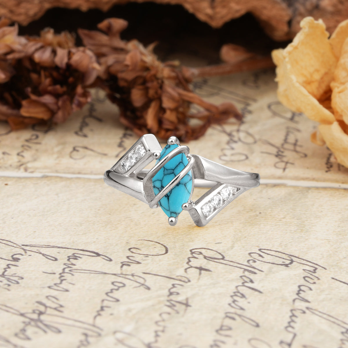 Uniquely Luxurious, Wrapped-Setting, 2-Prong Marquise Cut Turquoise Engagement Ring - Additional view