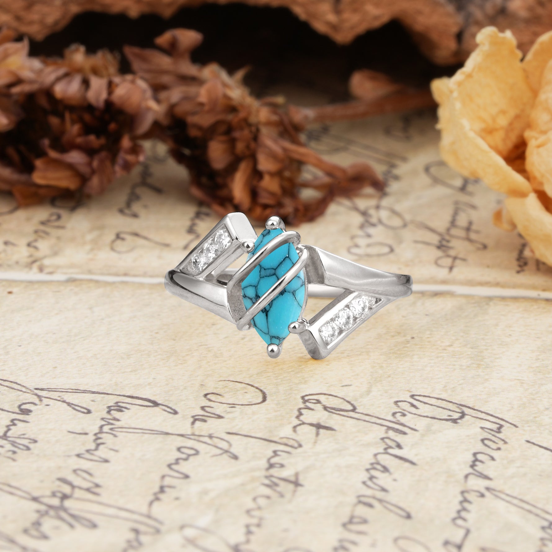 Uniquely Luxurious, Wrapped-Setting, 2-Prong Marquise Cut Turquoise Engagement Ring - Additional view
