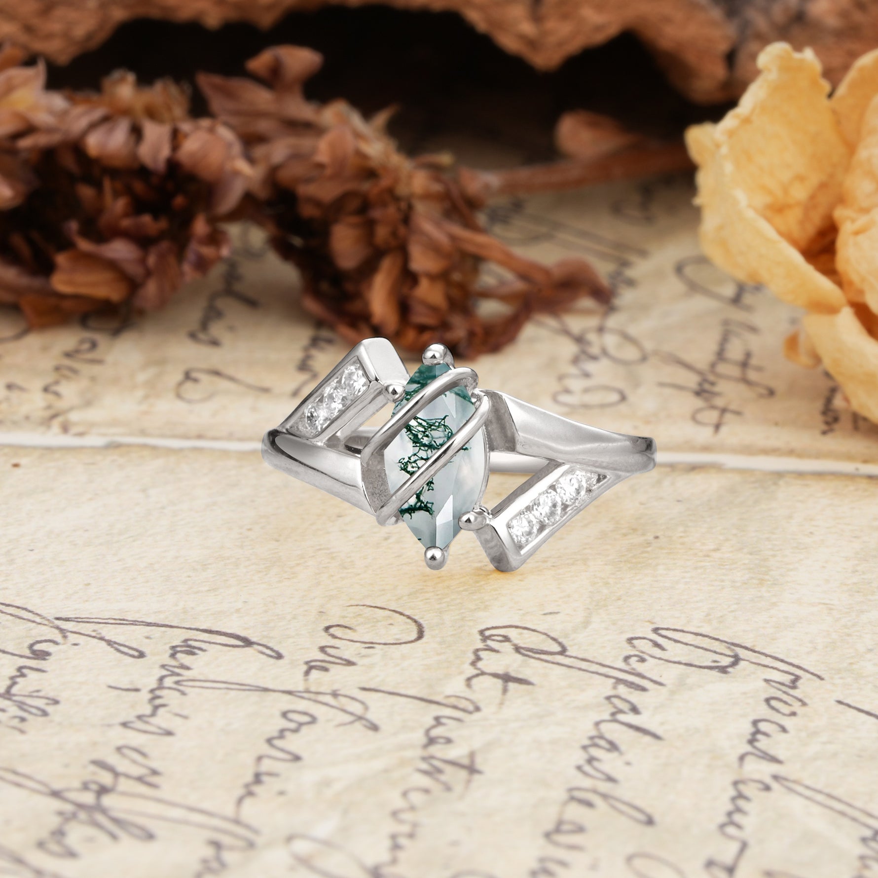 Uniquely Luxurious, Wrapped-Setting, 2-Prong Marquise Cut Moss Agate Engagement Ring - Additional view