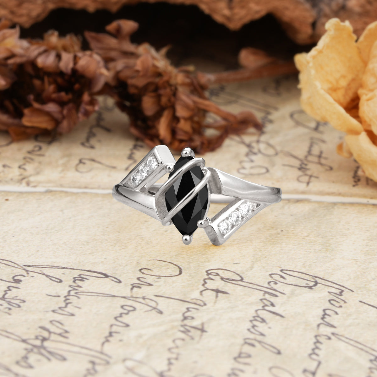 Uniquely Luxurious, Wrapped-Setting, 2-Prong Marquise Cut Black Onyx Engagement Ring - Additional view