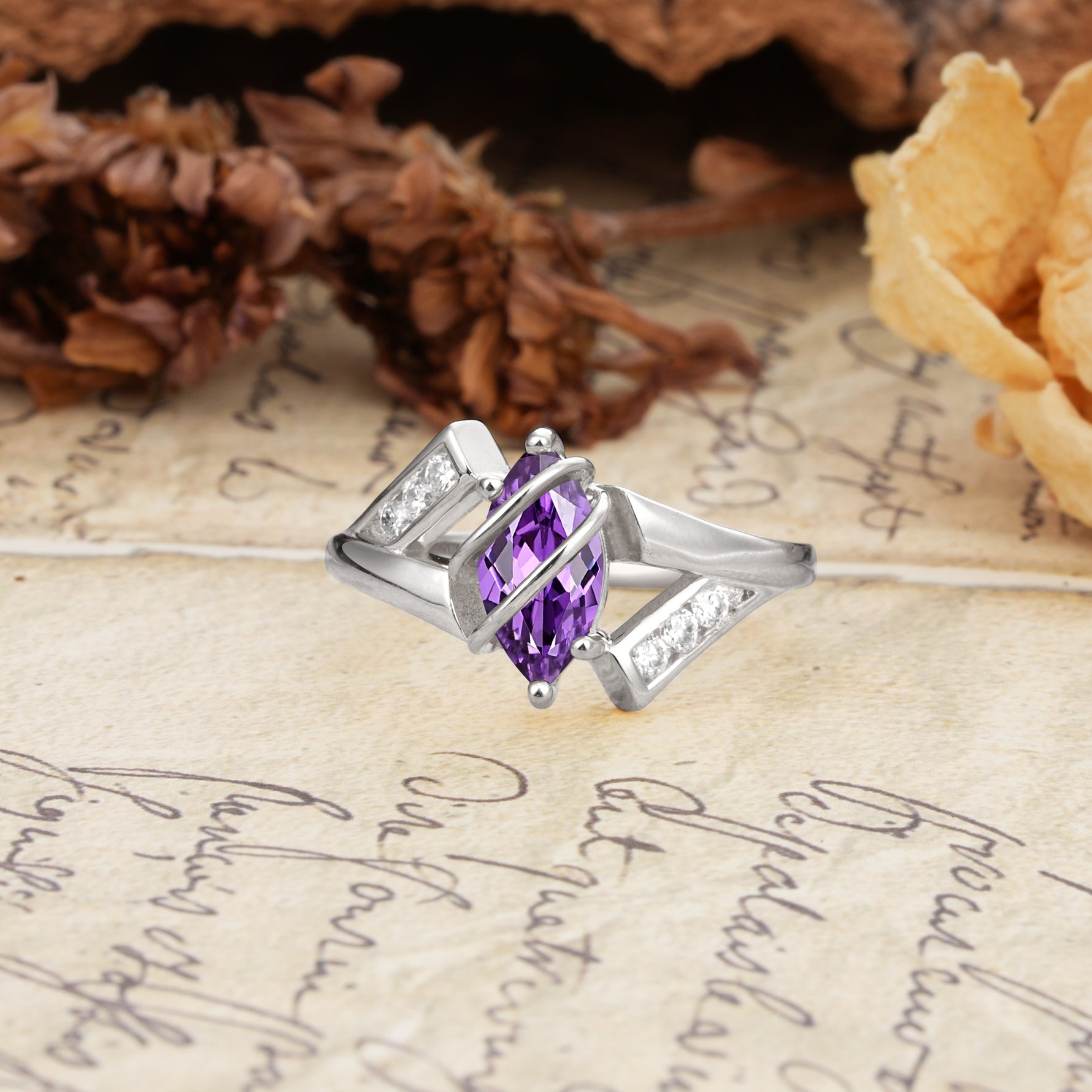 Uniquely Luxurious, Wrapped-Setting, 2-Prong Marquise Cut Amethyst Engagement Ring - Additional view