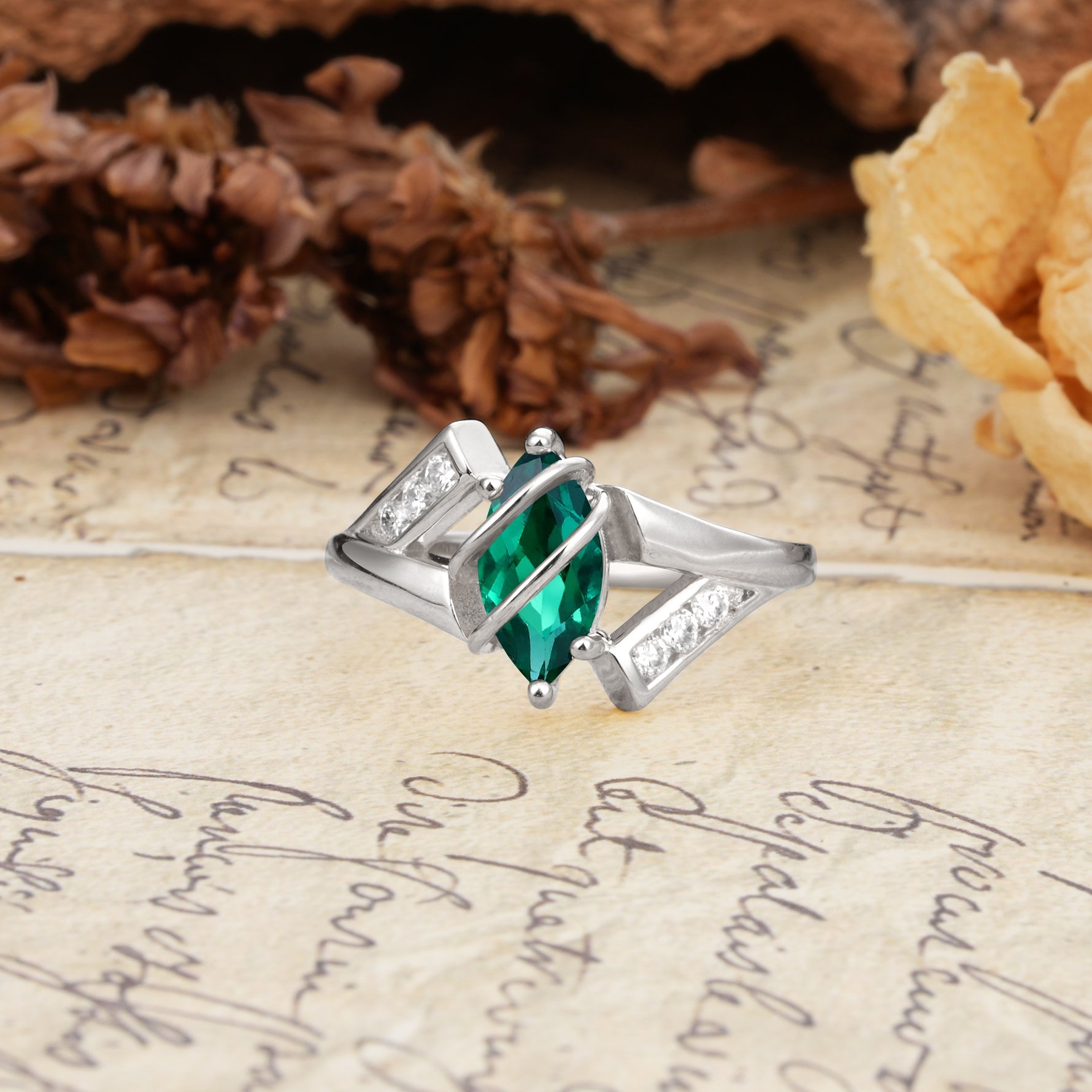 Uniquely Luxurious, Wrapped-Setting, 2-Prong Marquise Cut Emerald Engagement Ring - Additional view