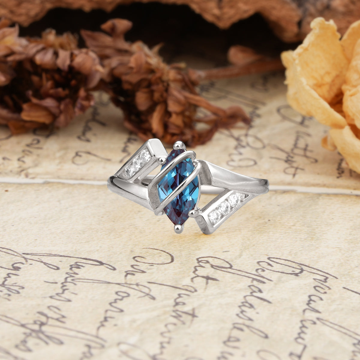 Uniquely Luxurious, Wrapped-Setting, 2-Prong Marquise Cut Alexandrite Engagement Ring - Additional view
