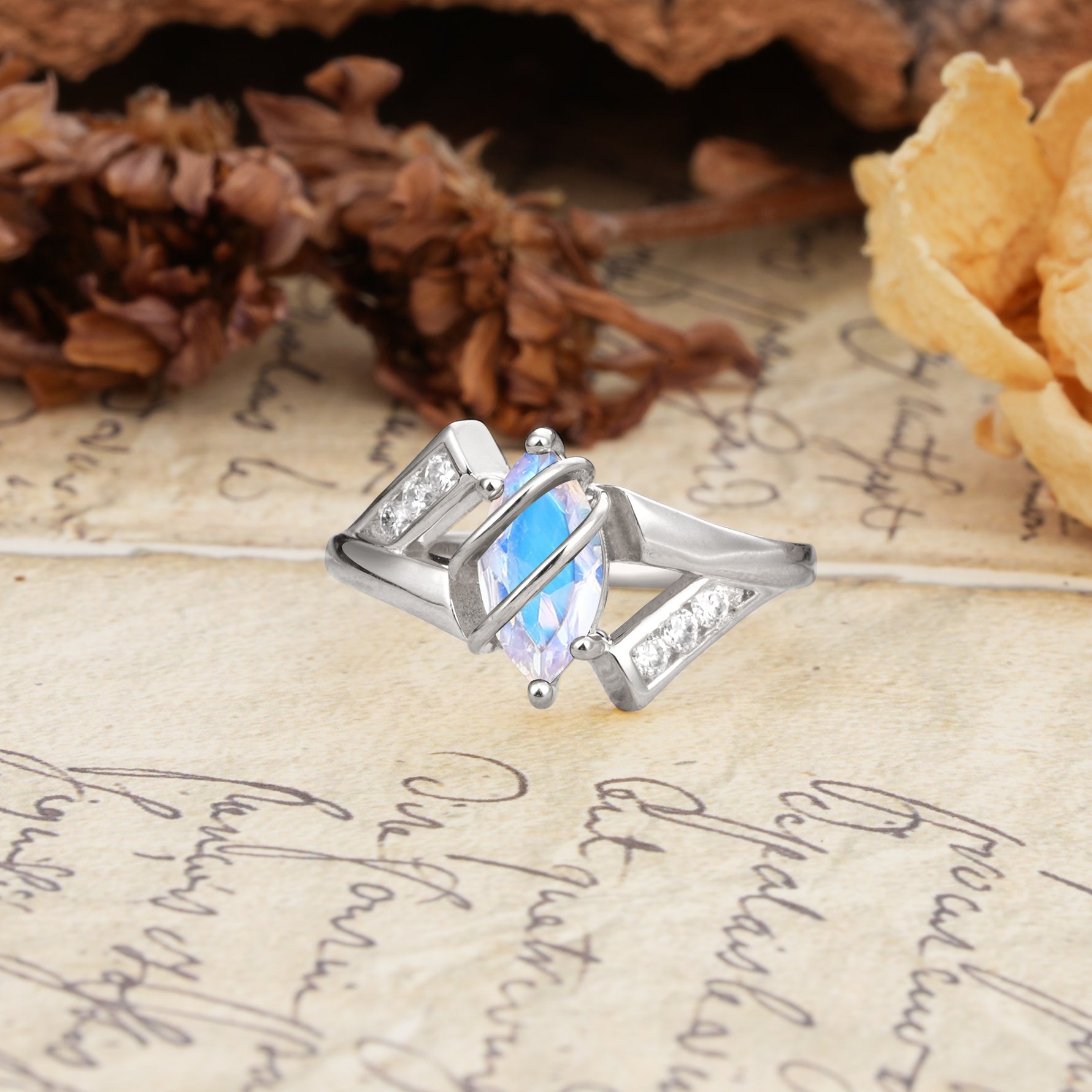Uniquely Luxurious, Wrapped-Setting, 2-Prong Marquise Cut Moonstone Engagement Ring - Additional view