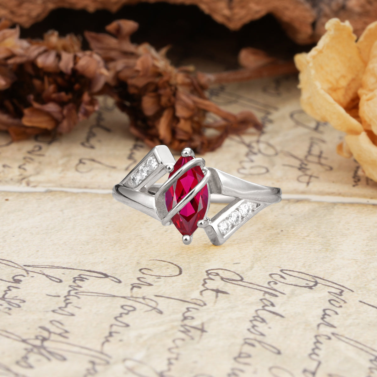 Uniquely Luxurious, Wrapped-Setting, 2-Prong Marquise Cut Ruby Engagement Ring - Additional view