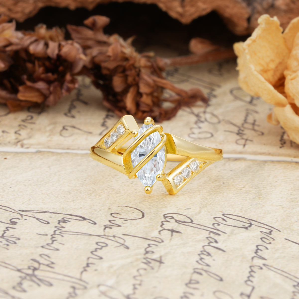 Uniquely Luxurious, Wrapped-Setting, 2-Prong Marquise Cut Moissanite Engagement Ring - Additional view