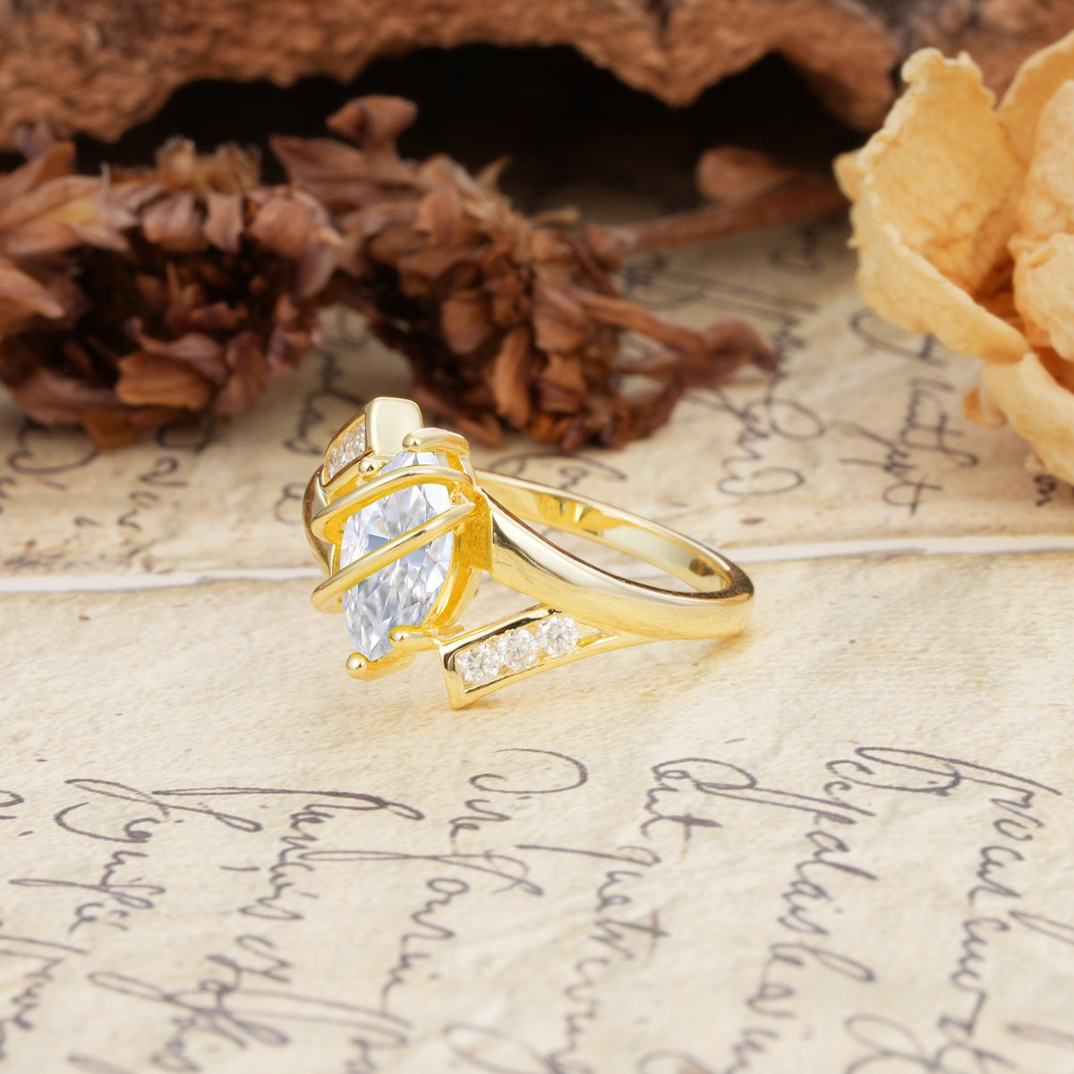 Uniquely Luxurious, Wrapped-Setting, 2-Prong Marquise Cut Moissanite Engagement Ring - Additional view